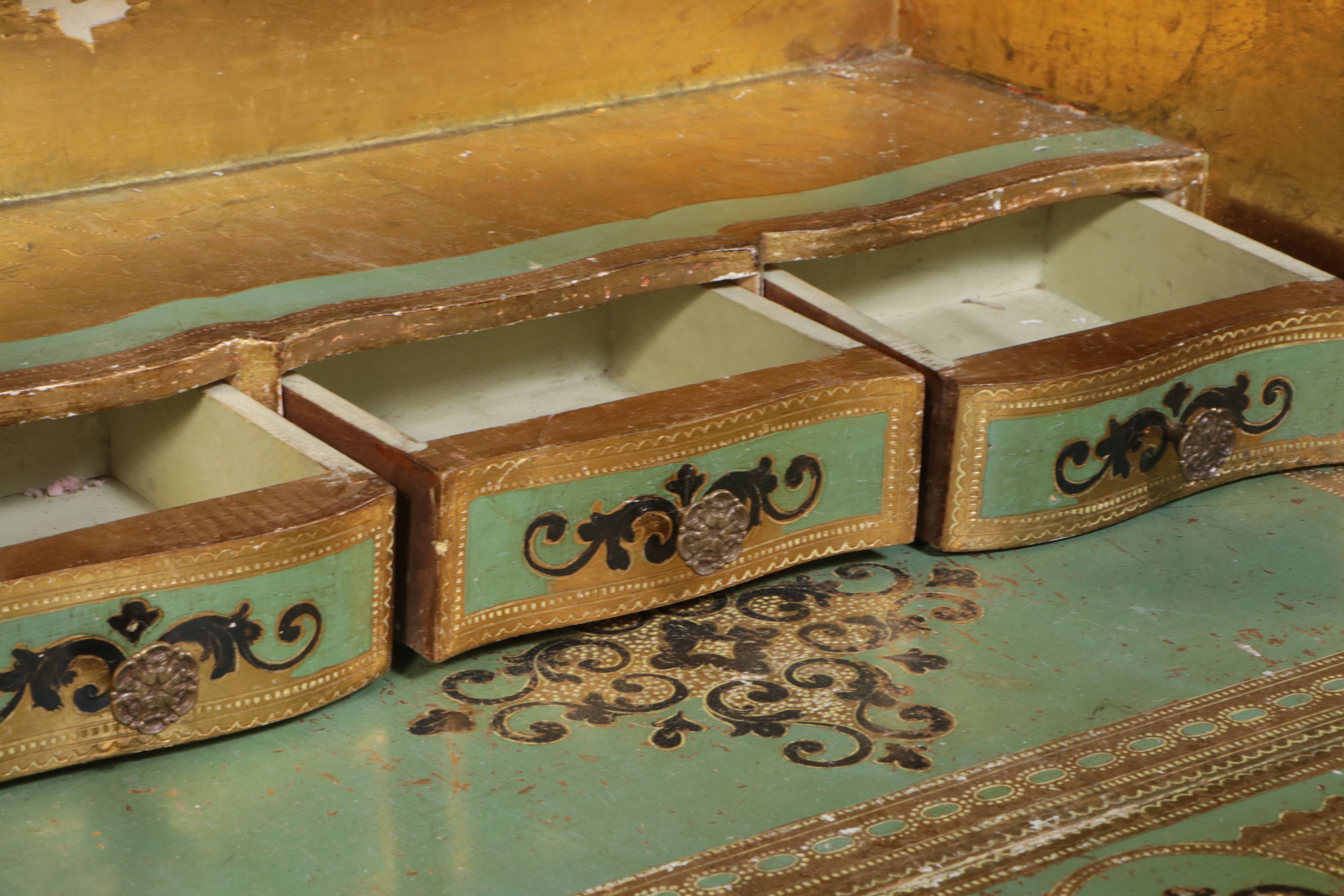 Florentine Style Parcel-Gilt and Paint-Decorated Wood Secretary Desk with Hutch