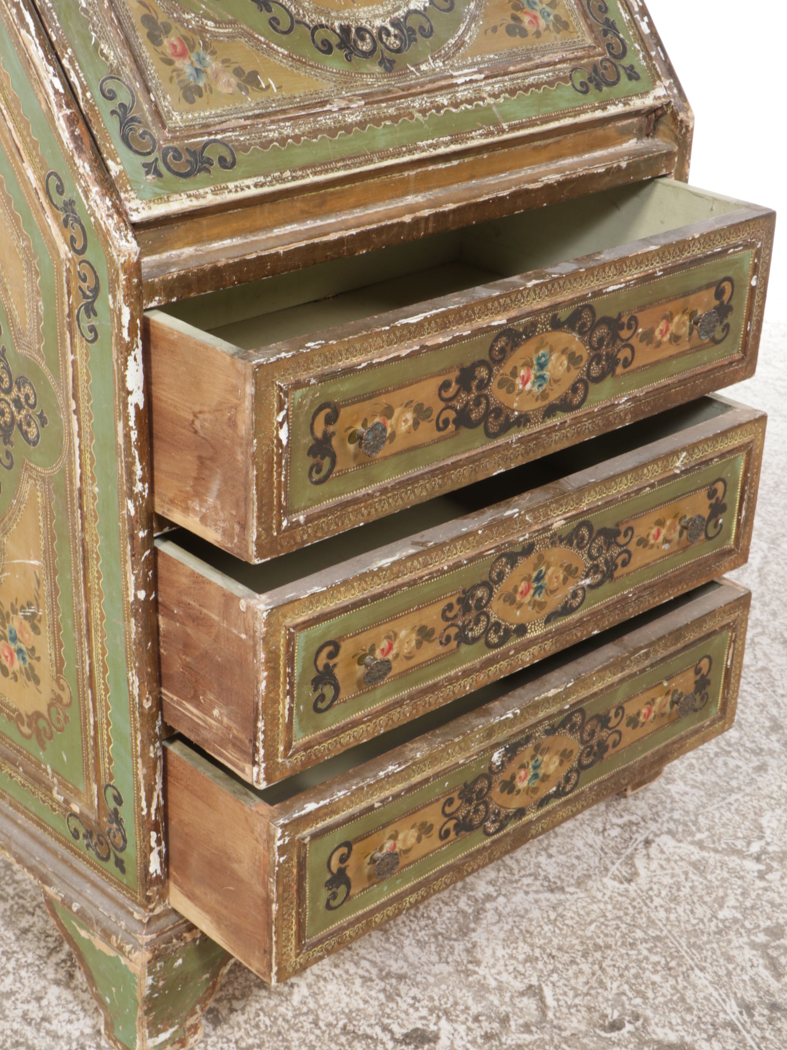 Florentine Style Parcel-Gilt and Paint-Decorated Wood Secretary Desk with Hutch