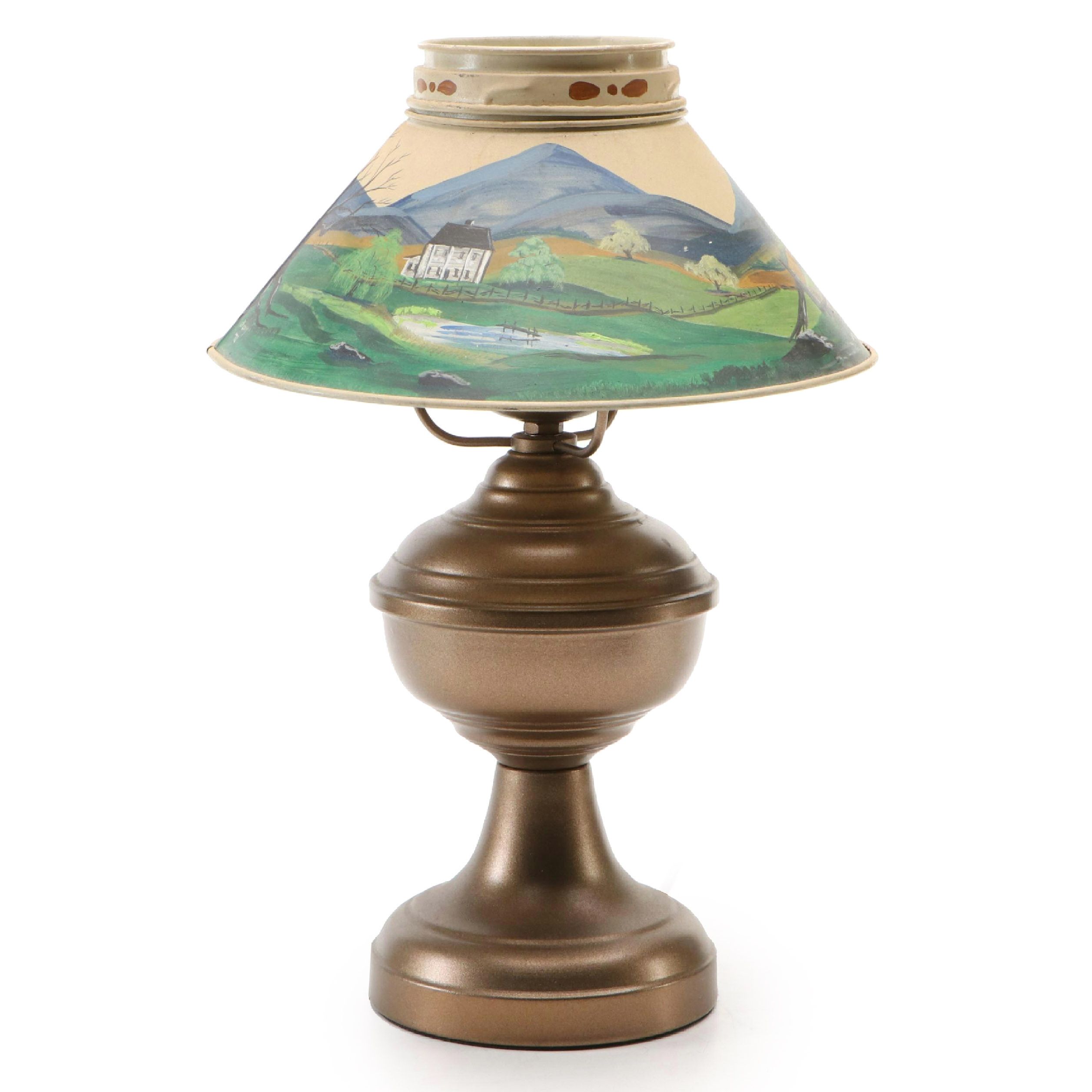 Victorian Style Metal Lamp with Hand-Painted Farmland Scene Tole Lampshade