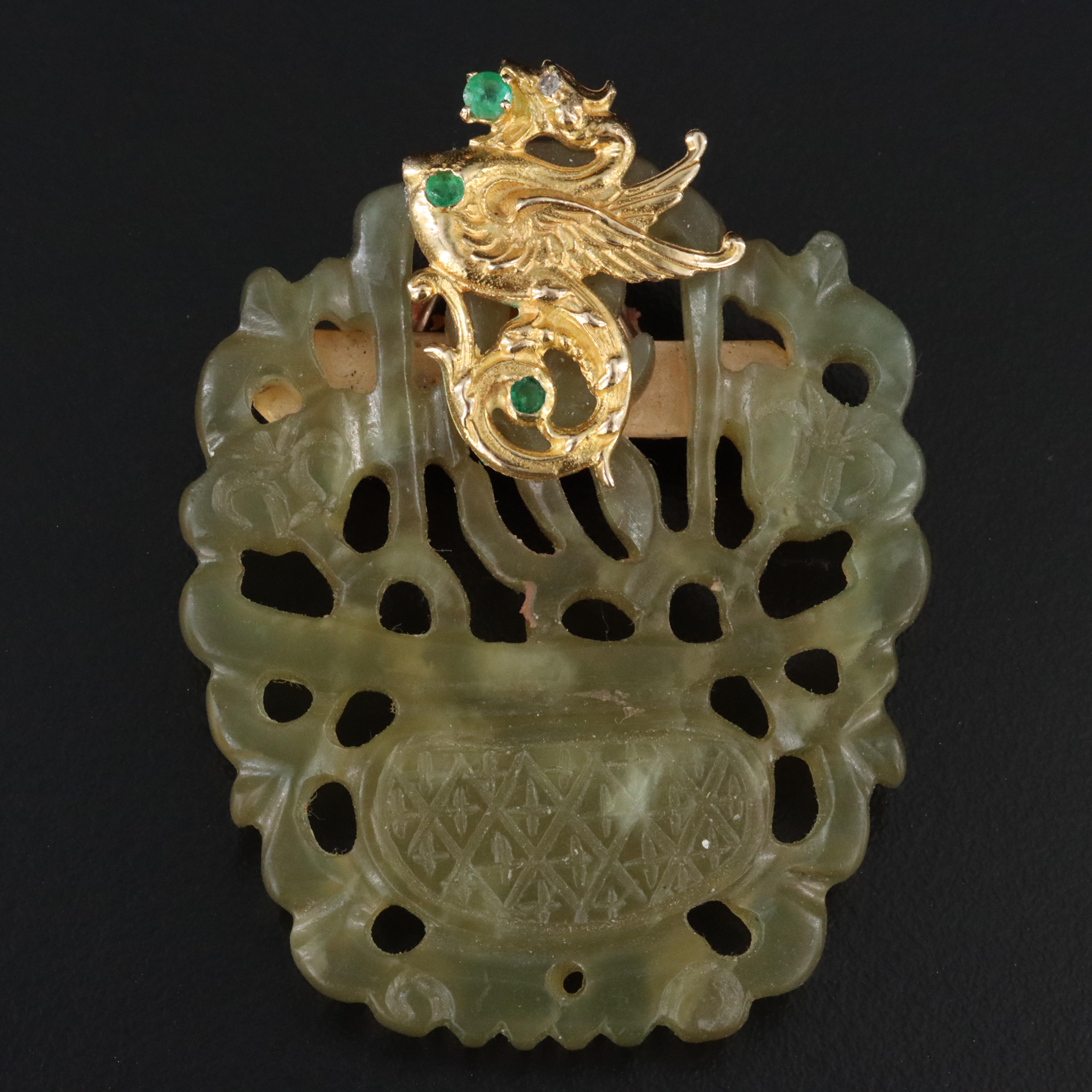 14K Carved Serpentine Converter Brooch with Dragon Detail