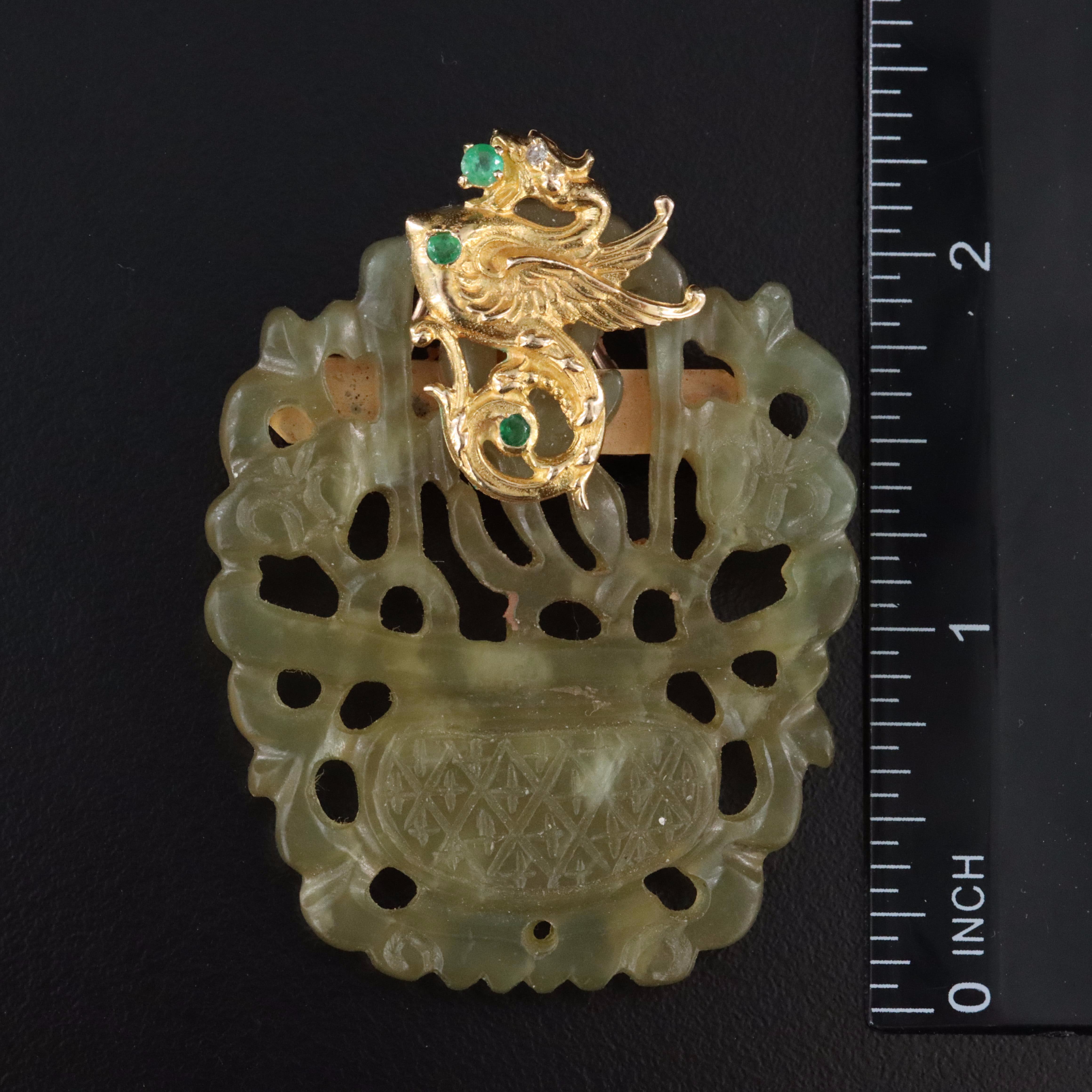 14K Carved Serpentine Converter Brooch with Dragon Detail