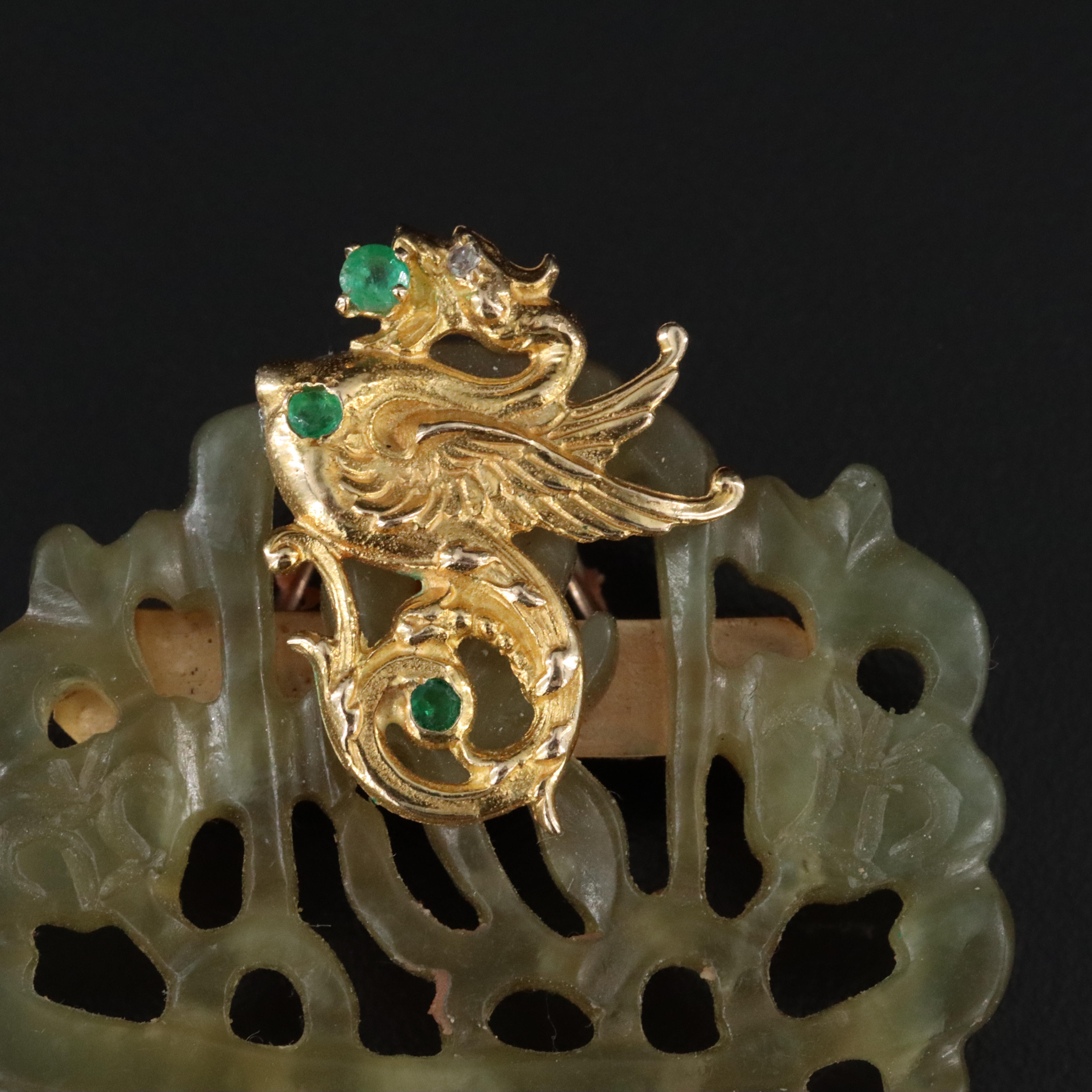 14K Carved Serpentine Converter Brooch with Dragon Detail