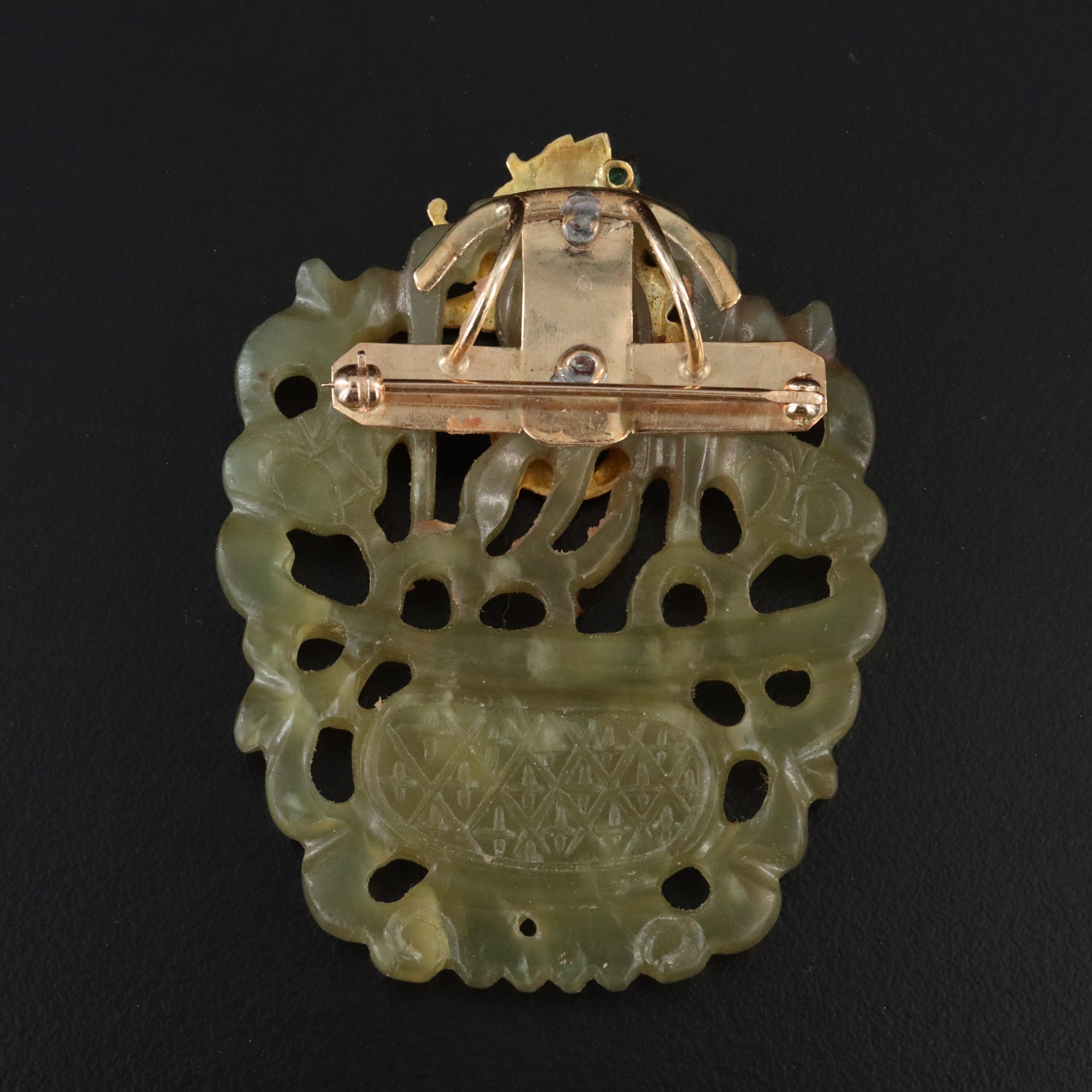 14K Carved Serpentine Converter Brooch with Dragon Detail