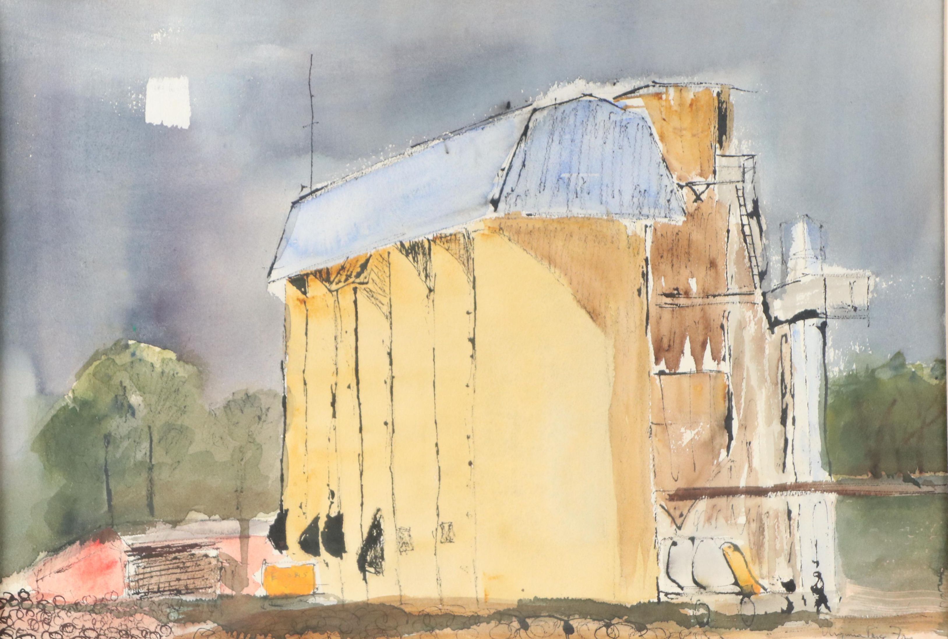 Virginia Price Fry Industrial Landscape Watercolor Painting, Late 20th Century