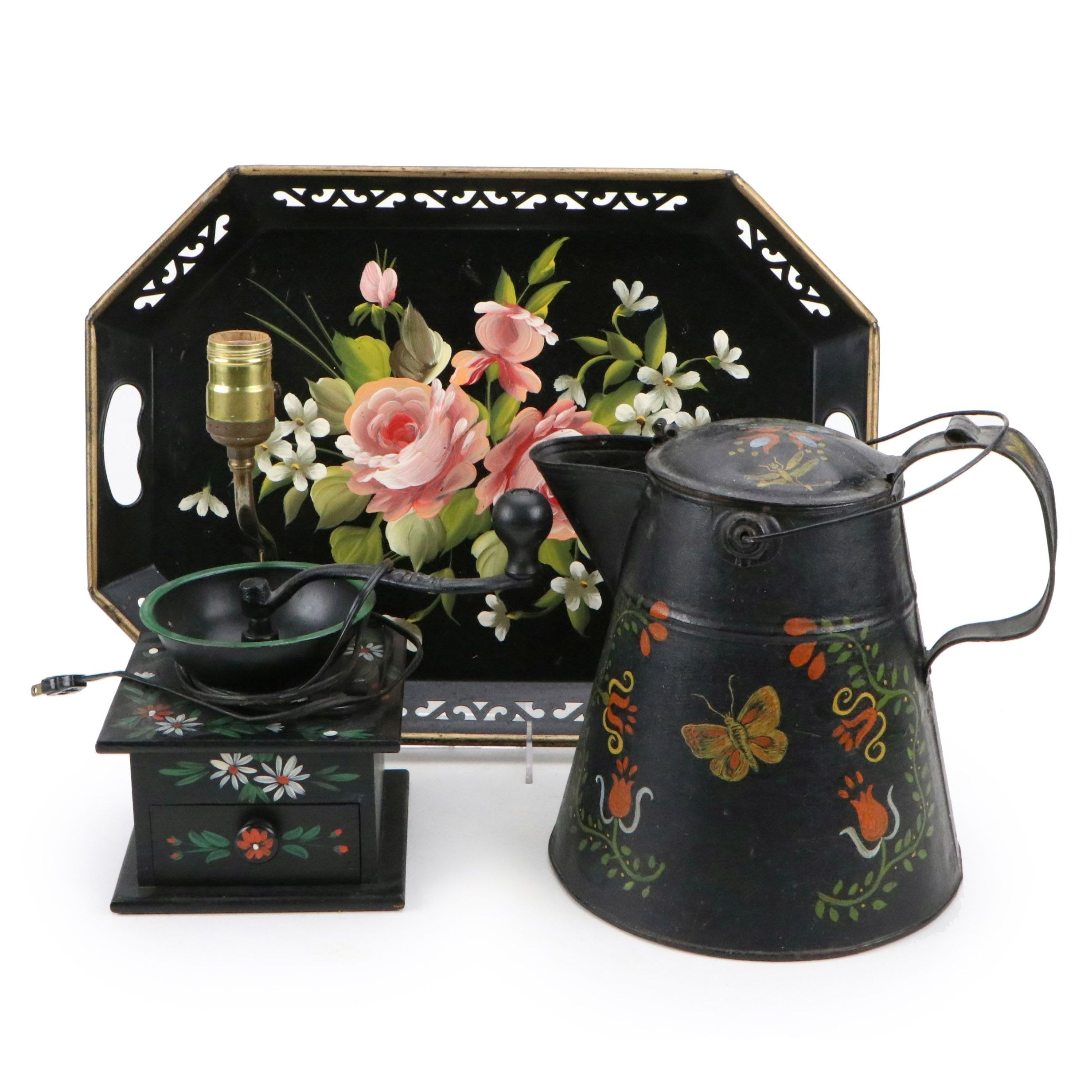 Folk Art Painted Coffee Grinder Hand-Crank Accent Lamp, Pitcher & Toleware Tray