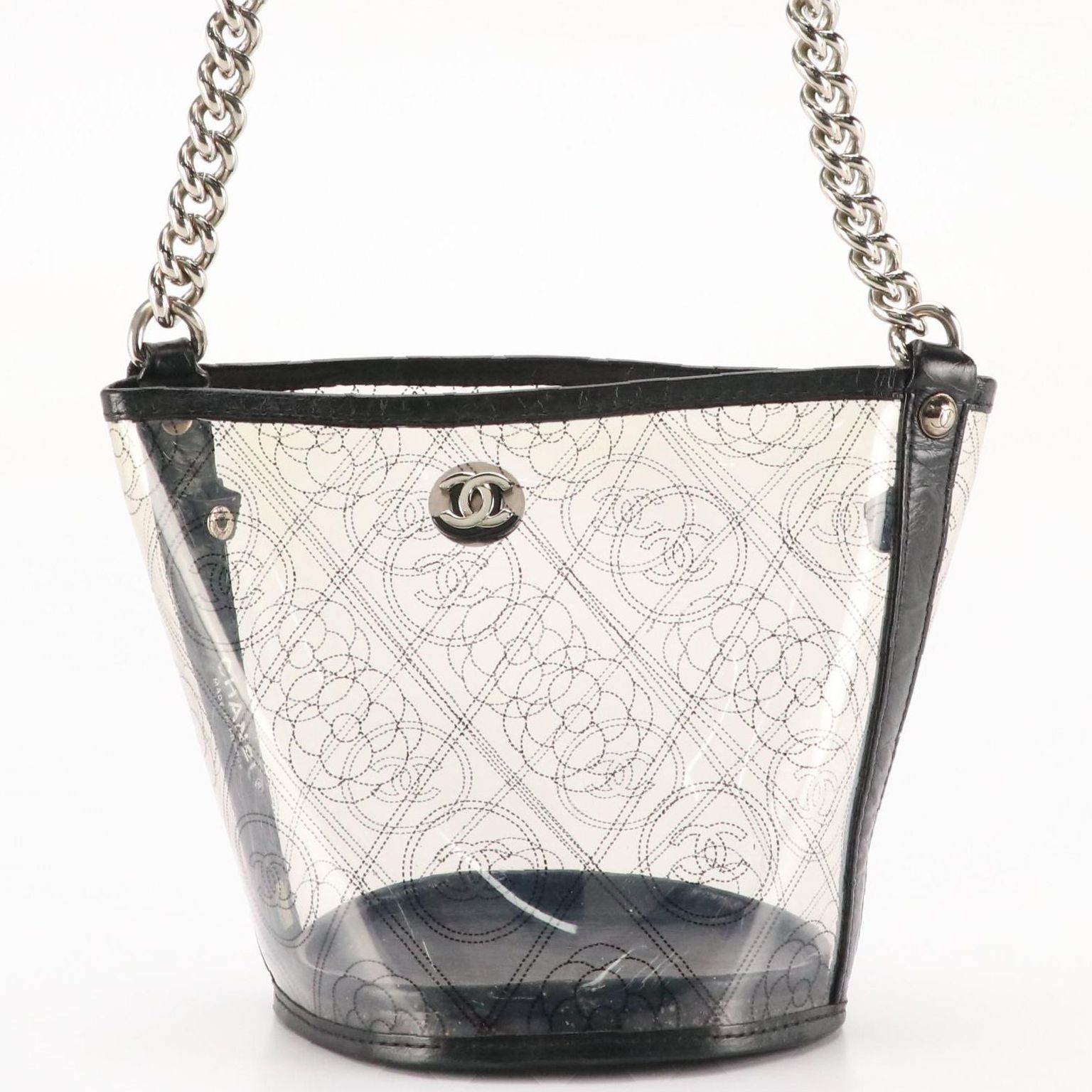 Chanel CC Camellia PVC and Black Leather Crossbody Bucket Bag with Zip Pouch