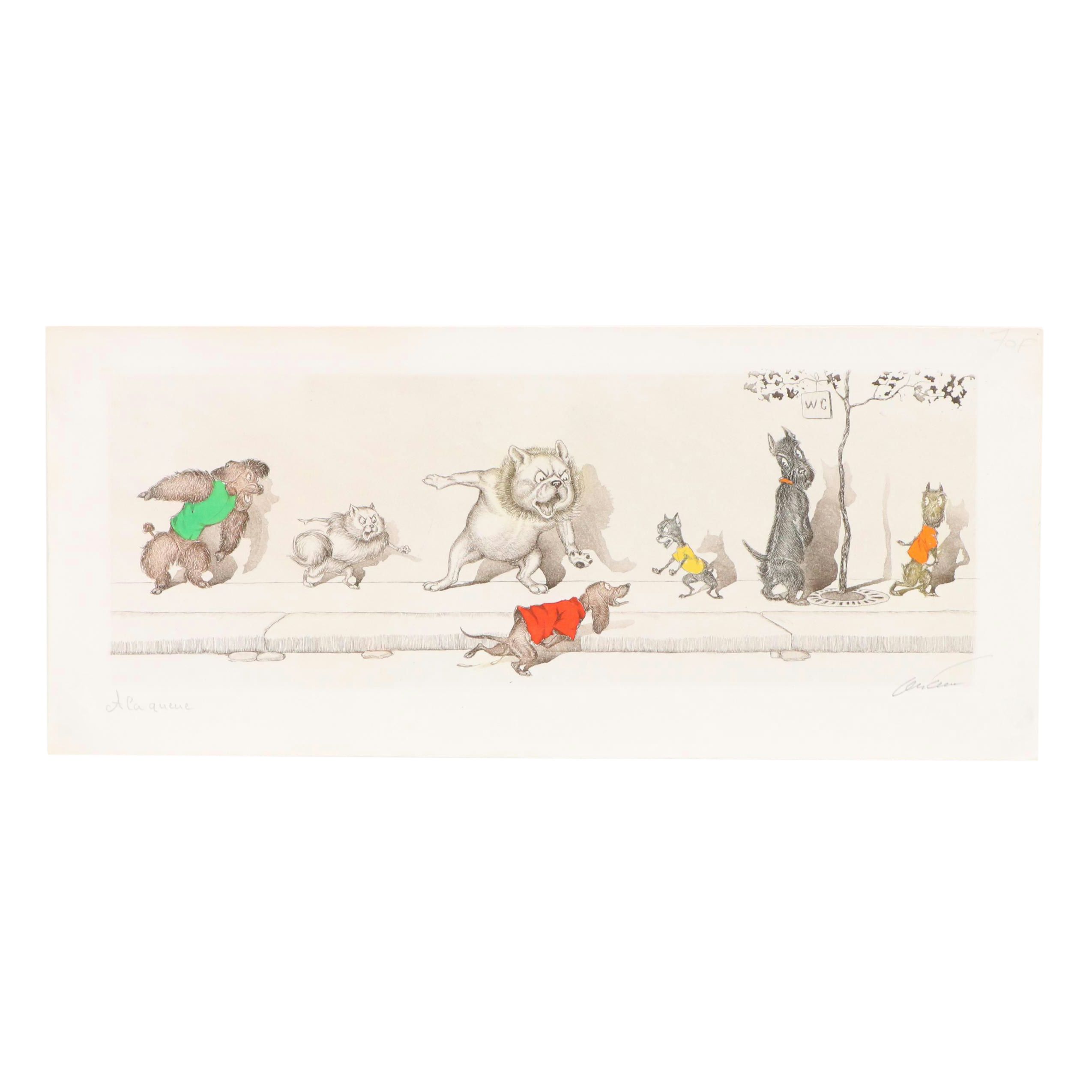 Boris O'Klein Hand-Colored Etching from "The Dirty Dogs of Paris" Series