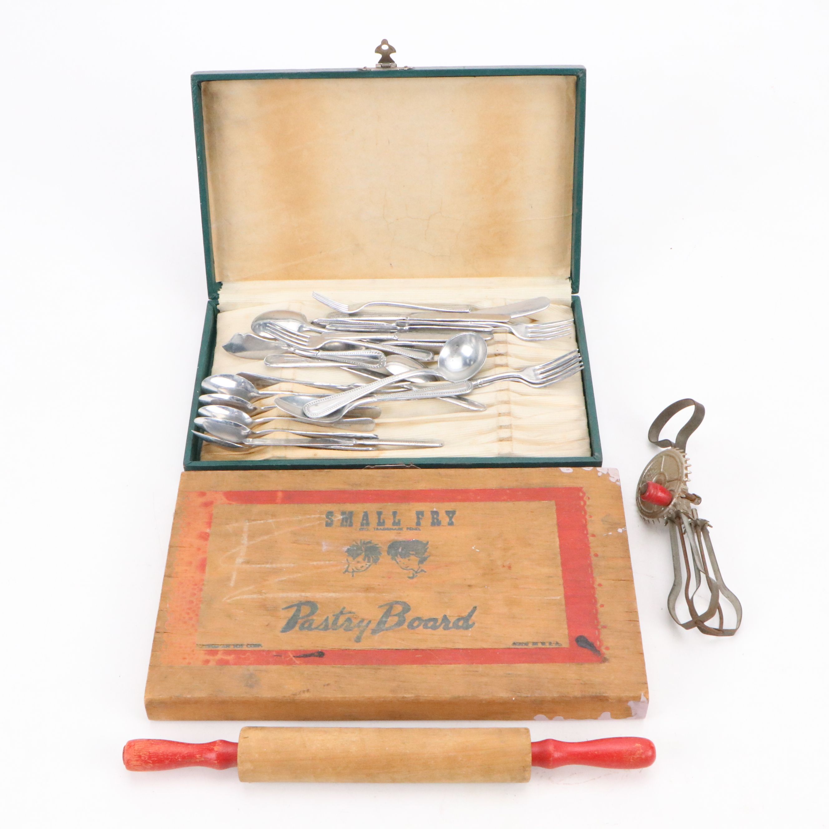 Wooden Toys with Children's Miniature Solingen Flatware and Other Kitchen Tools