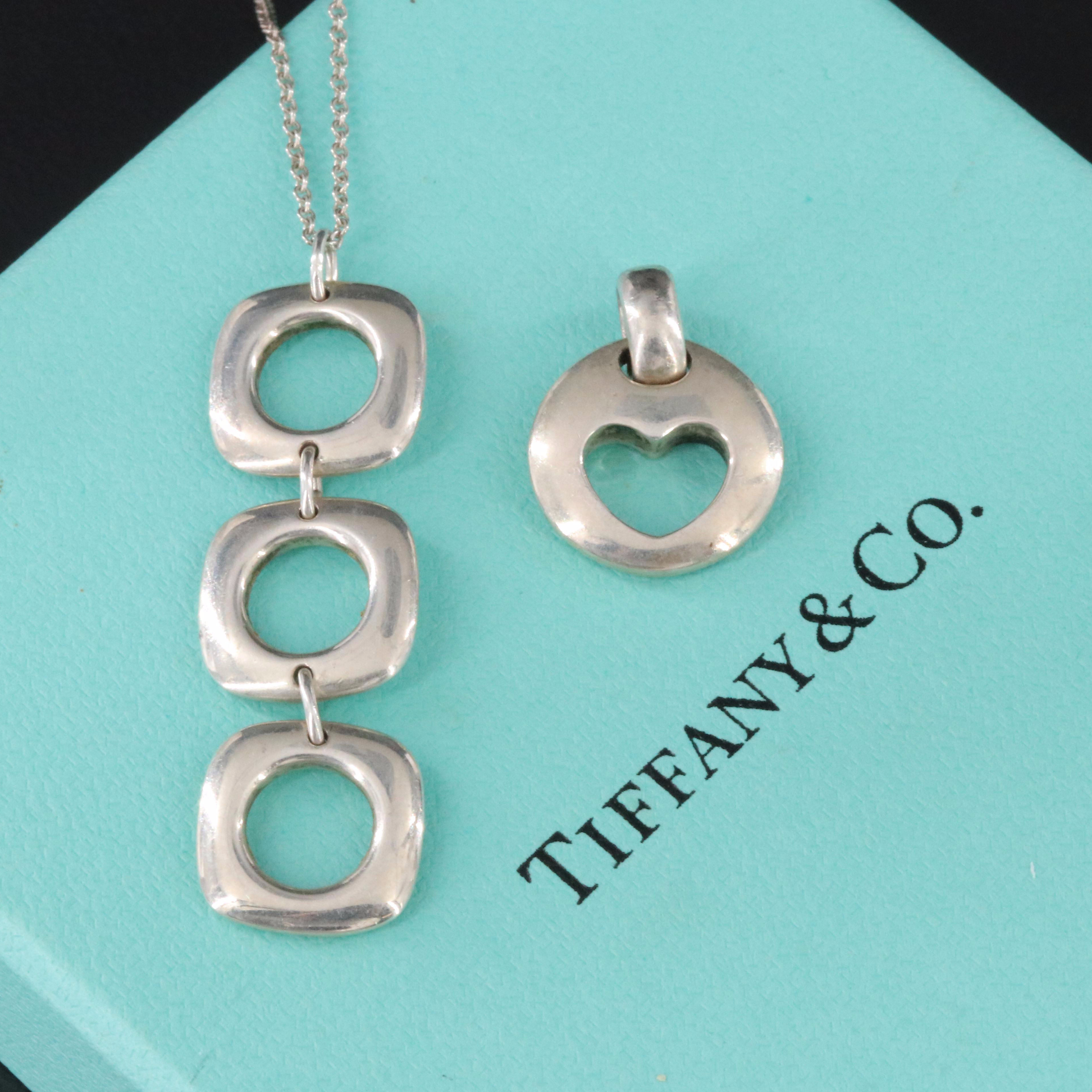 Tiffany & Co. Sterling Triple Cushion Square Necklace and Stencil Heart Pendant