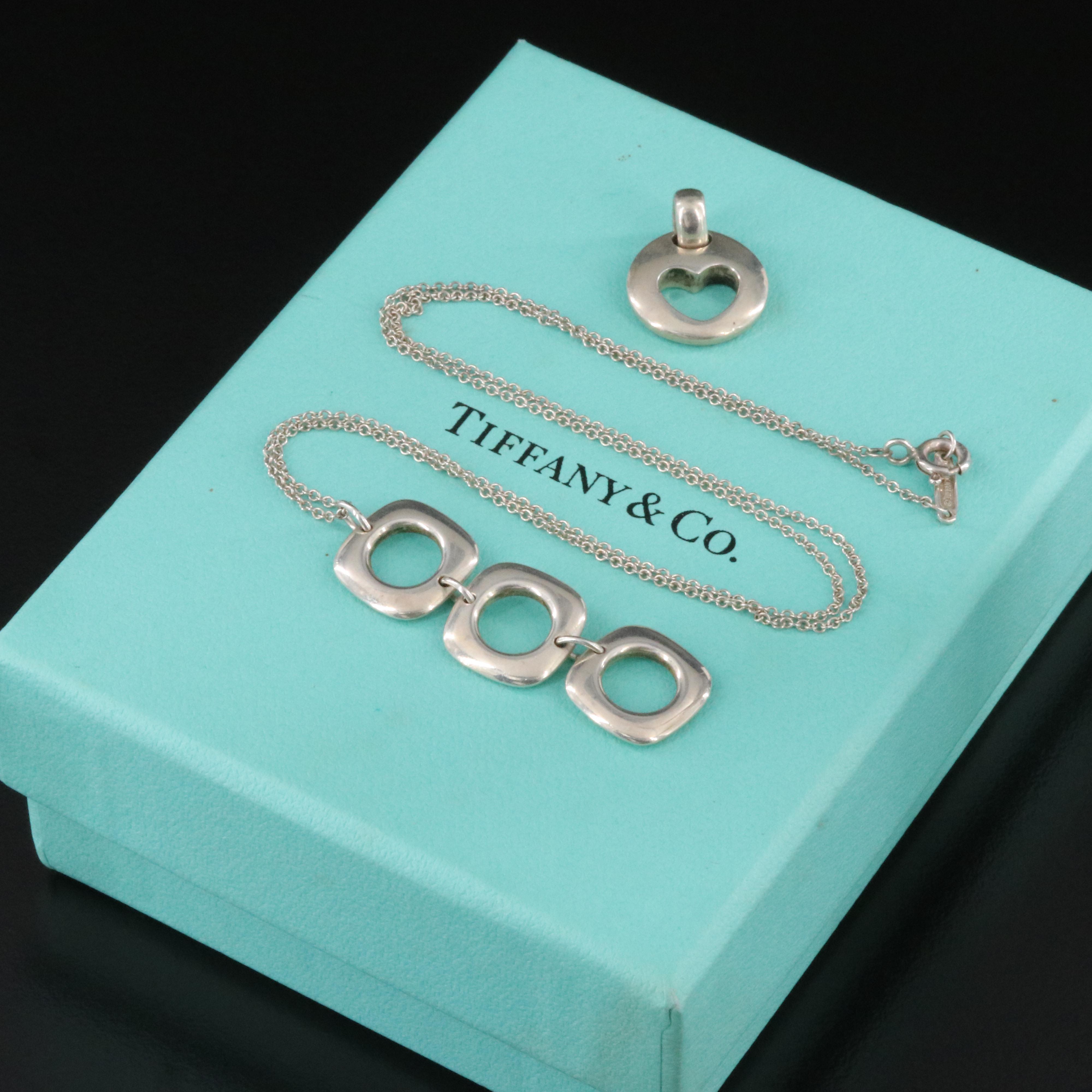 Tiffany & Co. Sterling Triple Cushion Square Necklace and Stencil Heart Pendant