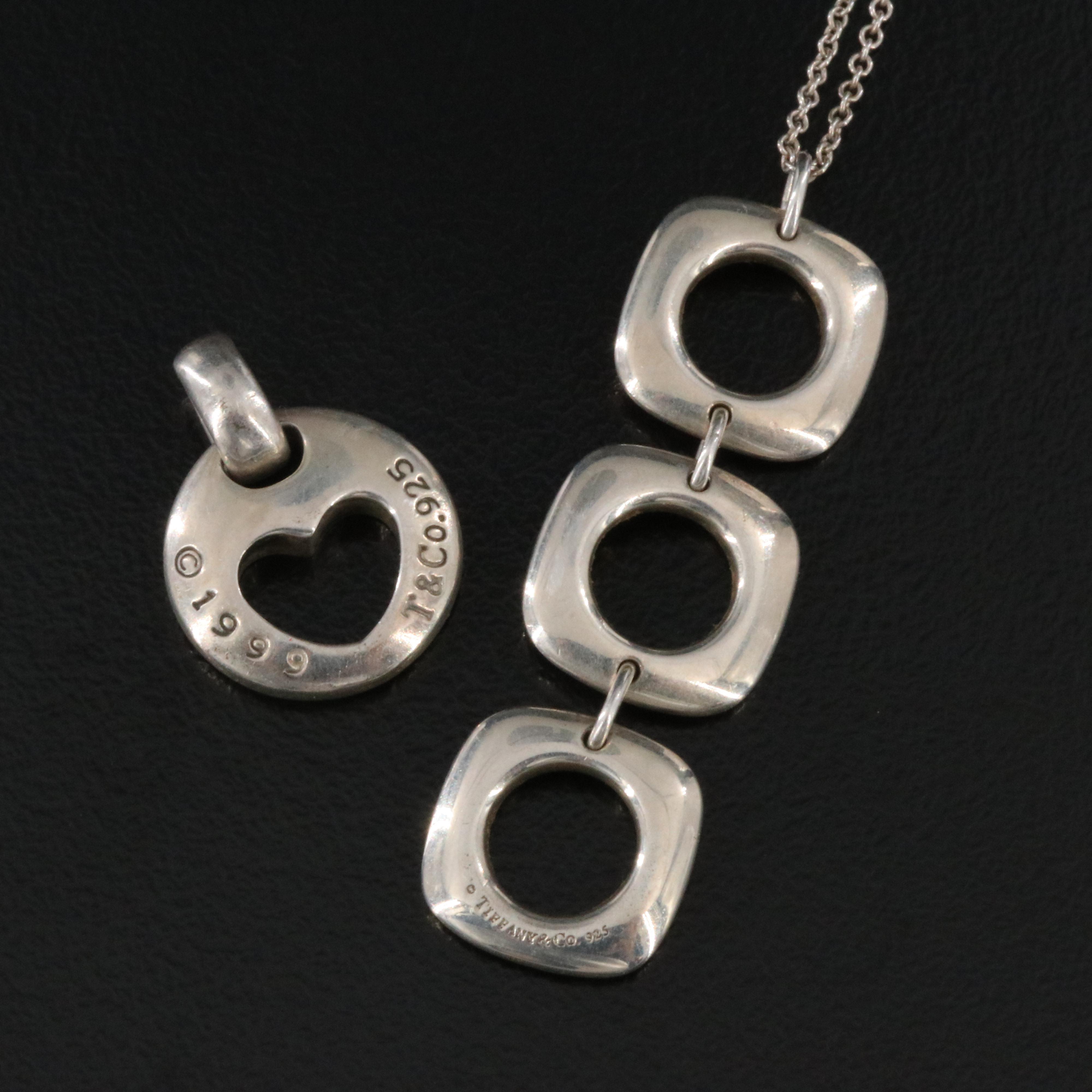 Tiffany & Co. Sterling Triple Cushion Square Necklace and Stencil Heart Pendant