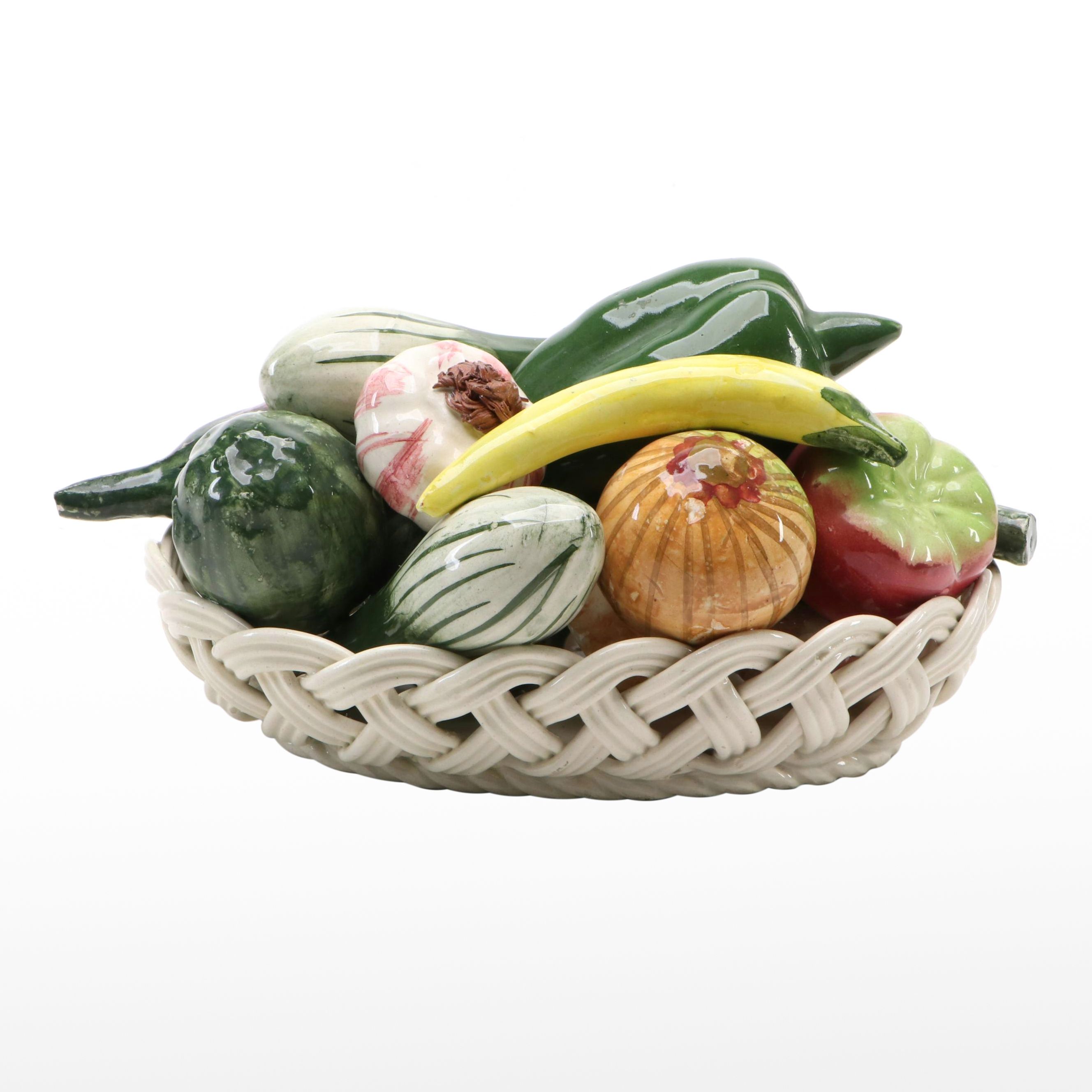 Spanish Handmade Ceramic Basket of Fruits and Vegetables
