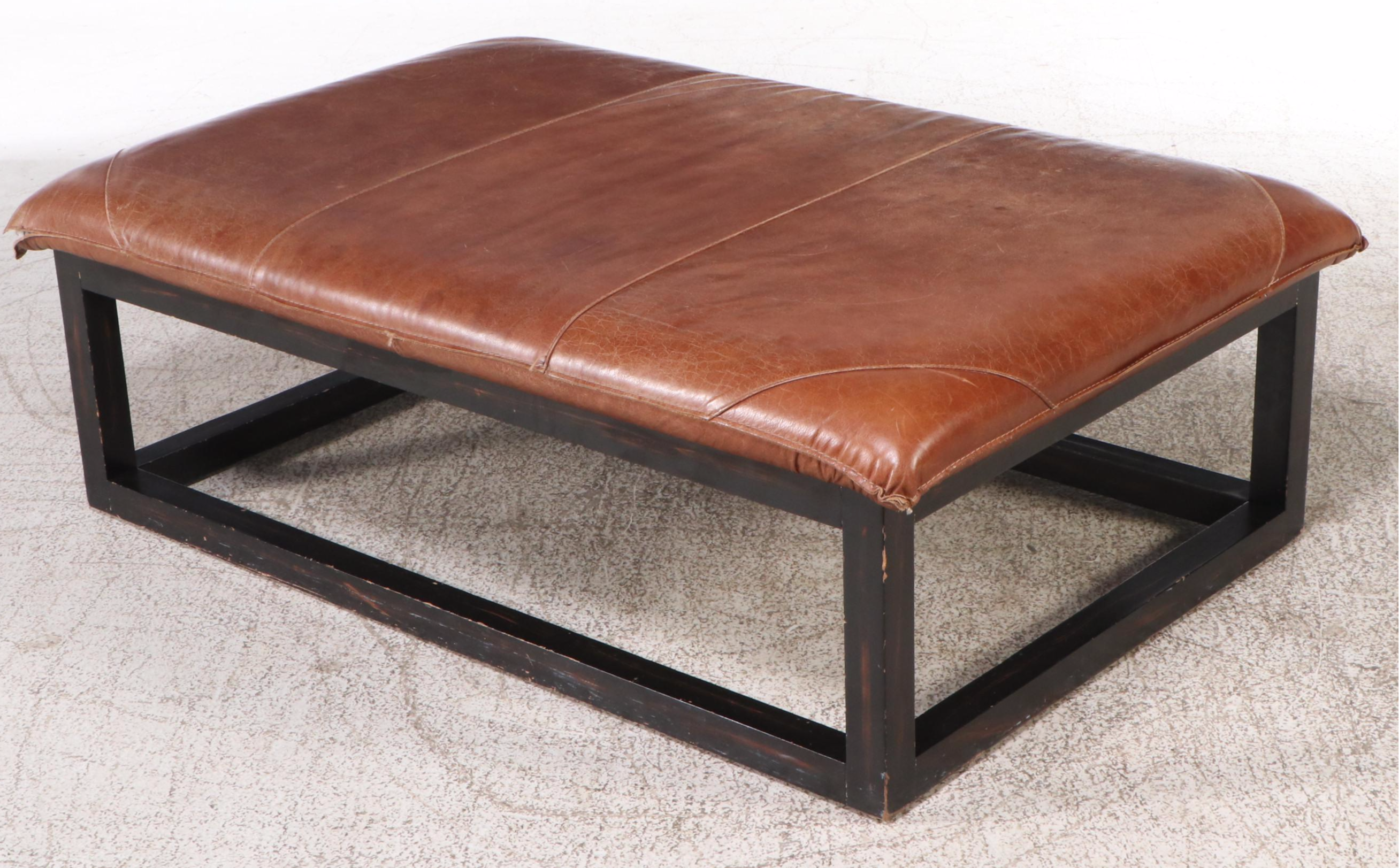 Contemporary Wood and Leather Ottoman