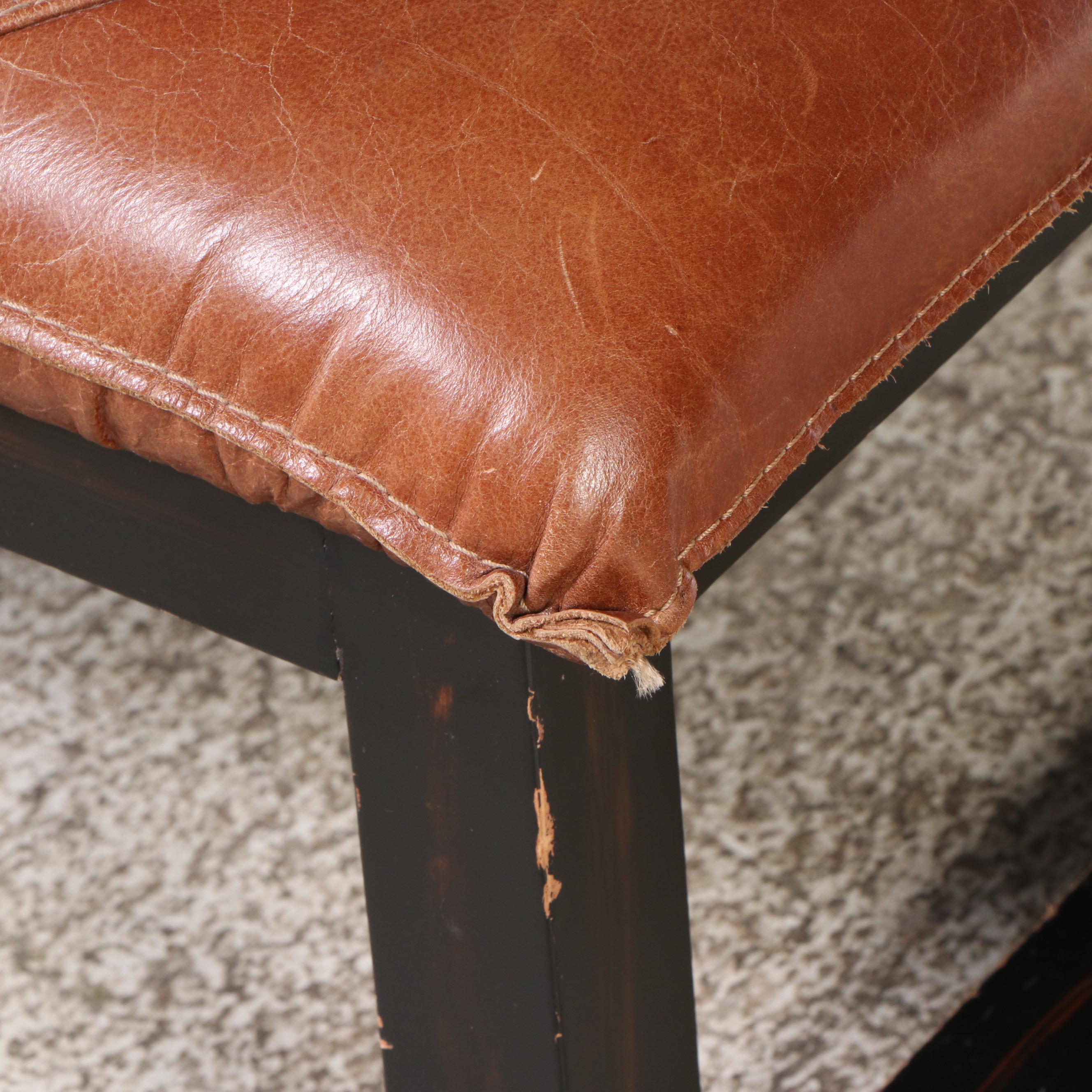 Contemporary Wood and Leather Ottoman