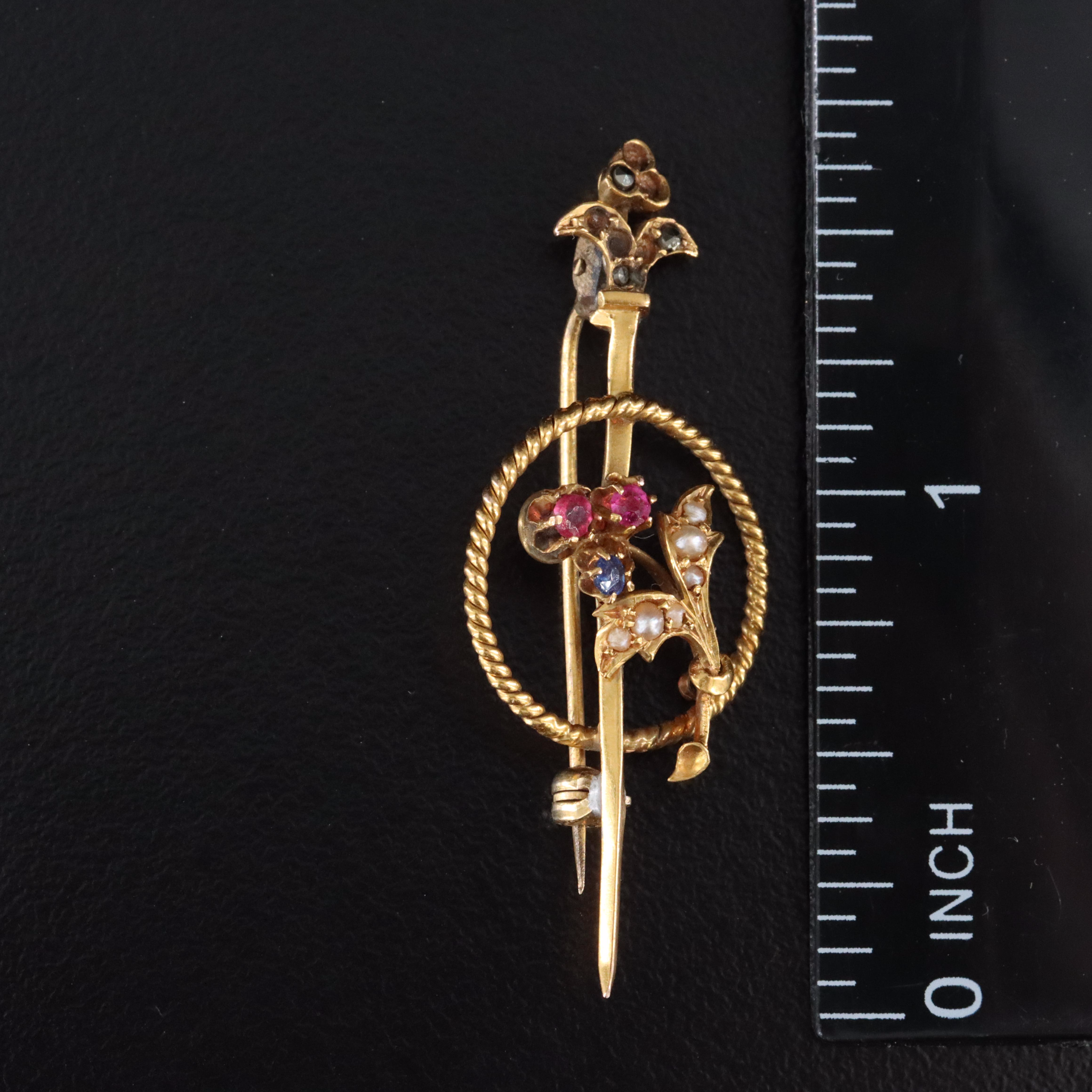 14K Ruby, Sapphire and Pearl Flower Pin