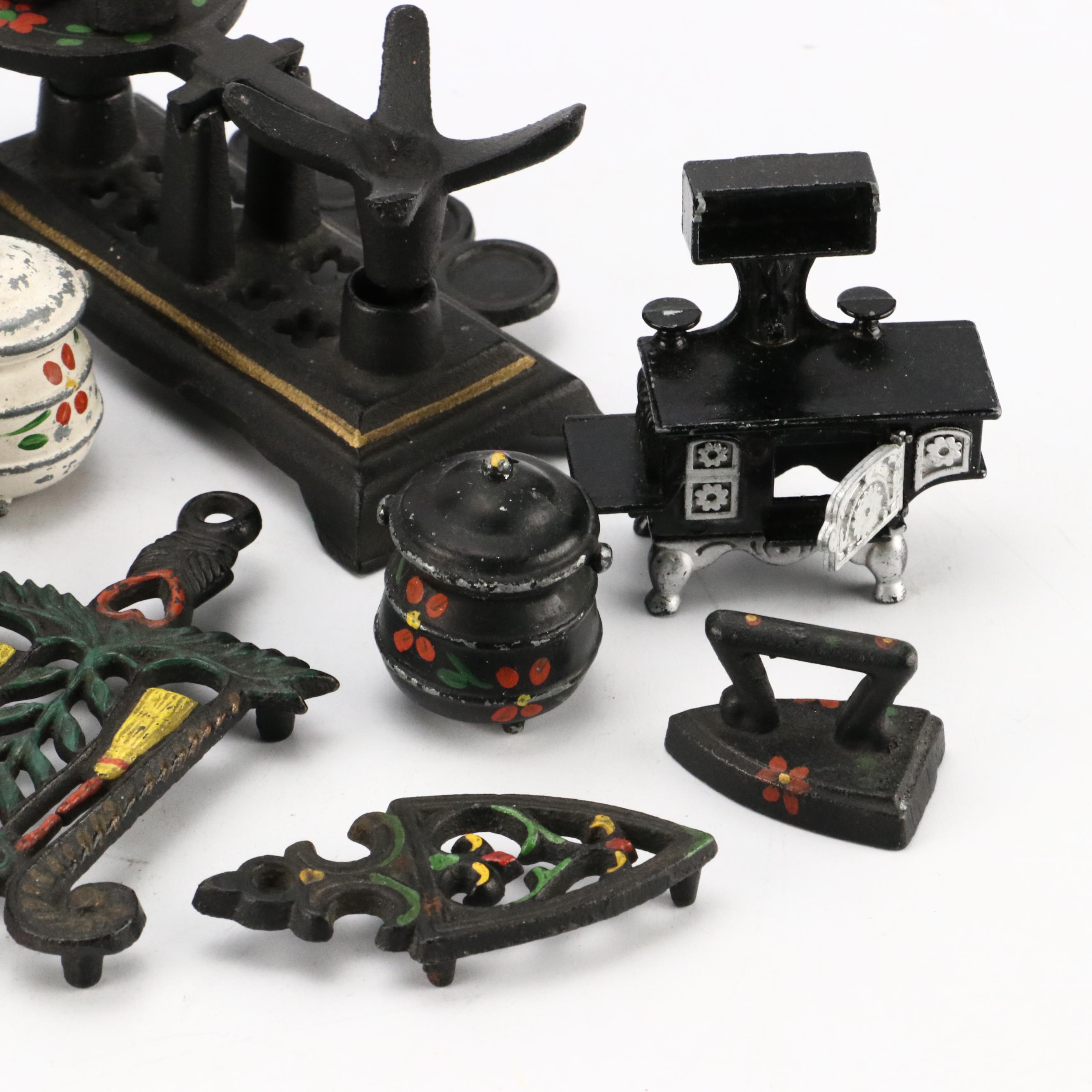 Miniature Cold-Painted Cast Iron Kitchen Appliances with "Ice Man" Ashtray