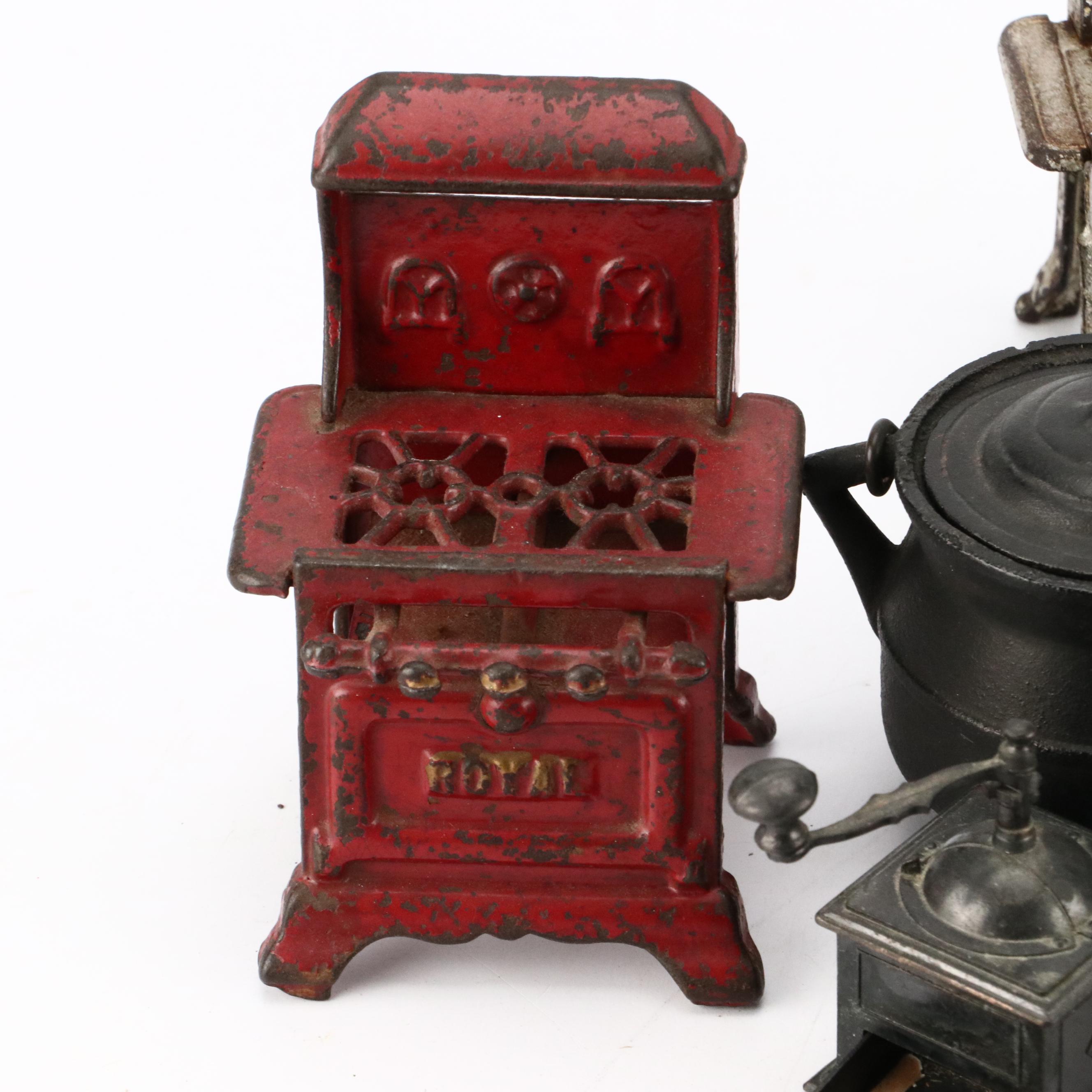 Miniature Cold-Painted Cast Iron Kitchen Appliances with "Ice Man" Ashtray