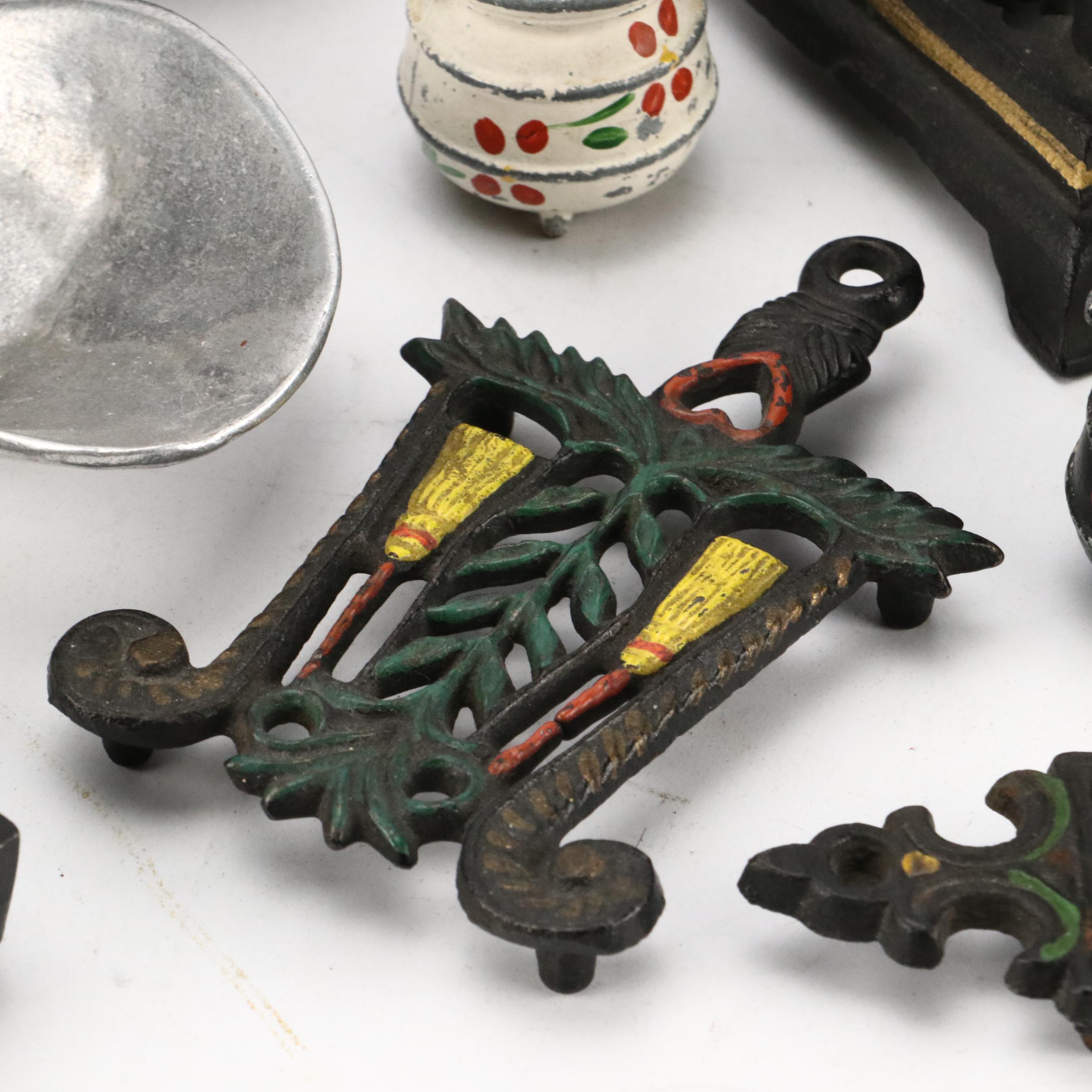 Miniature Cold-Painted Cast Iron Kitchen Appliances with "Ice Man" Ashtray