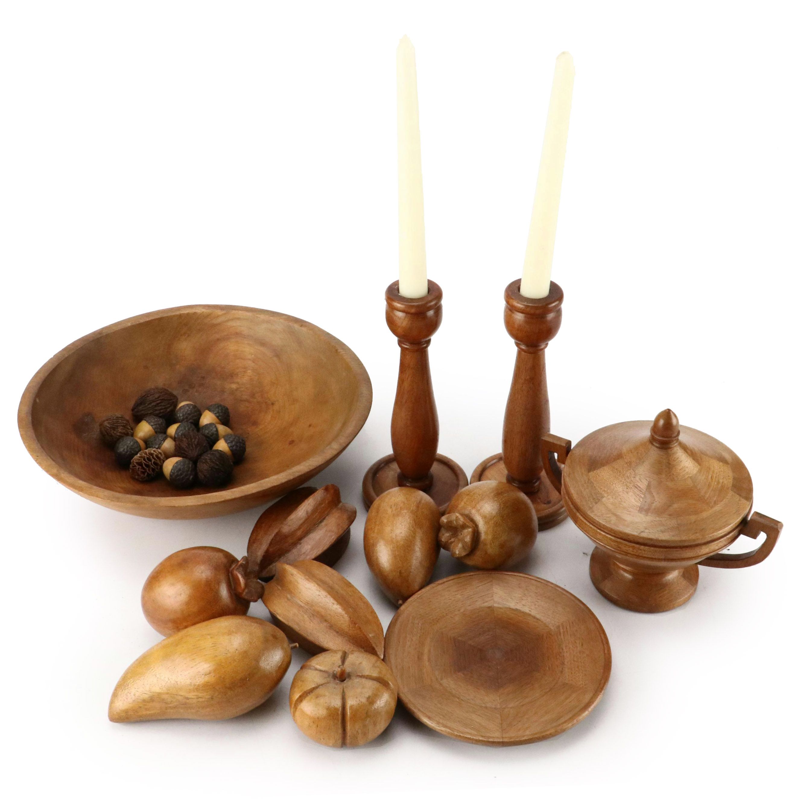 Lathe-Turned Wooden Candlesticks, Carved Wood Fruit, Faux Acorns and More