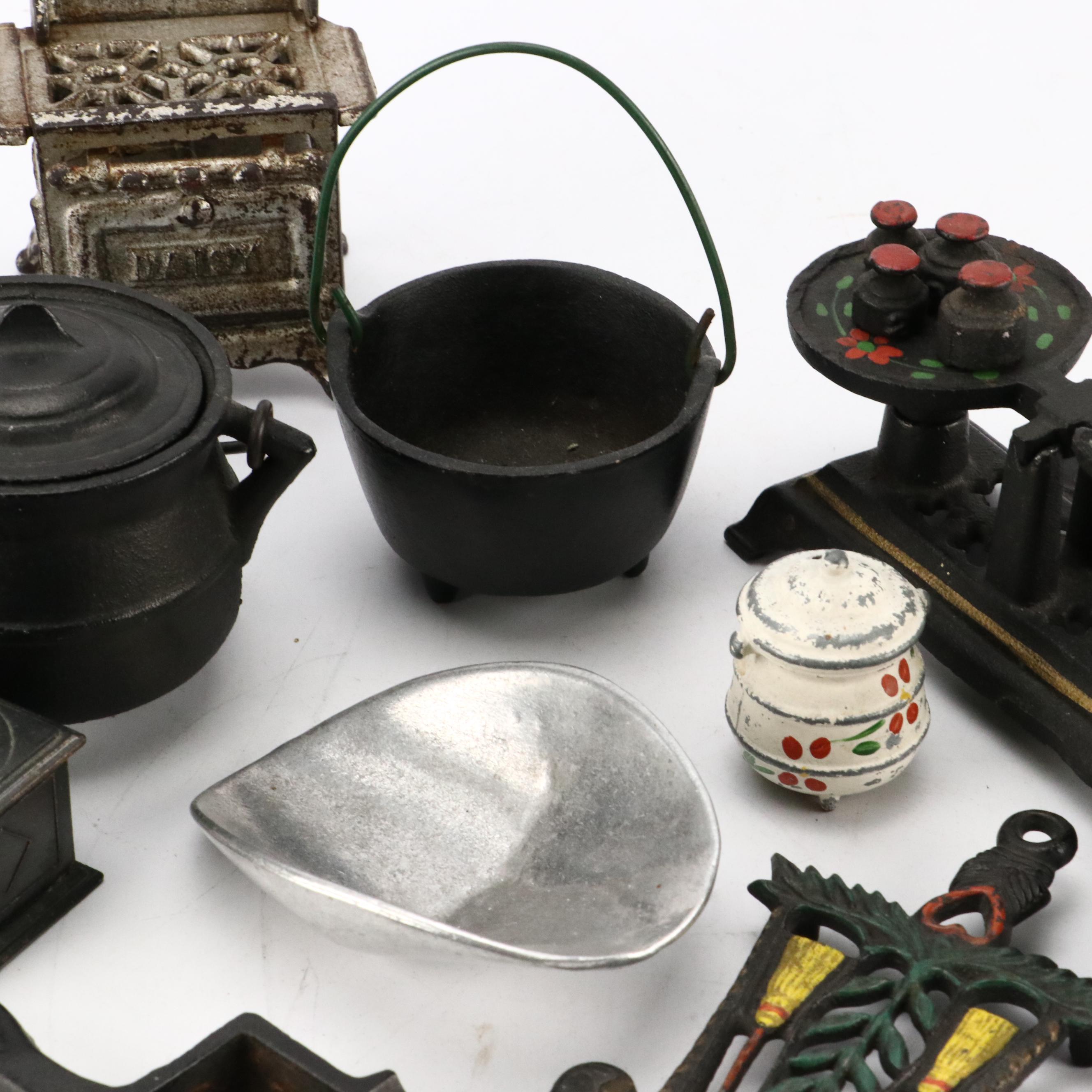 Miniature Cold-Painted Cast Iron Kitchen Appliances with "Ice Man" Ashtray