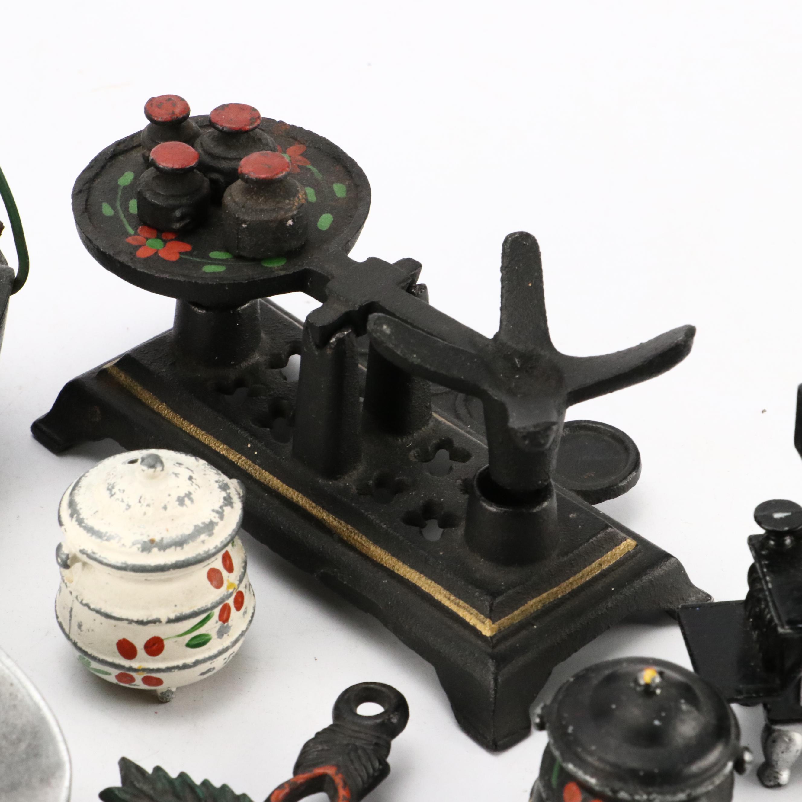 Miniature Cold-Painted Cast Iron Kitchen Appliances with "Ice Man" Ashtray