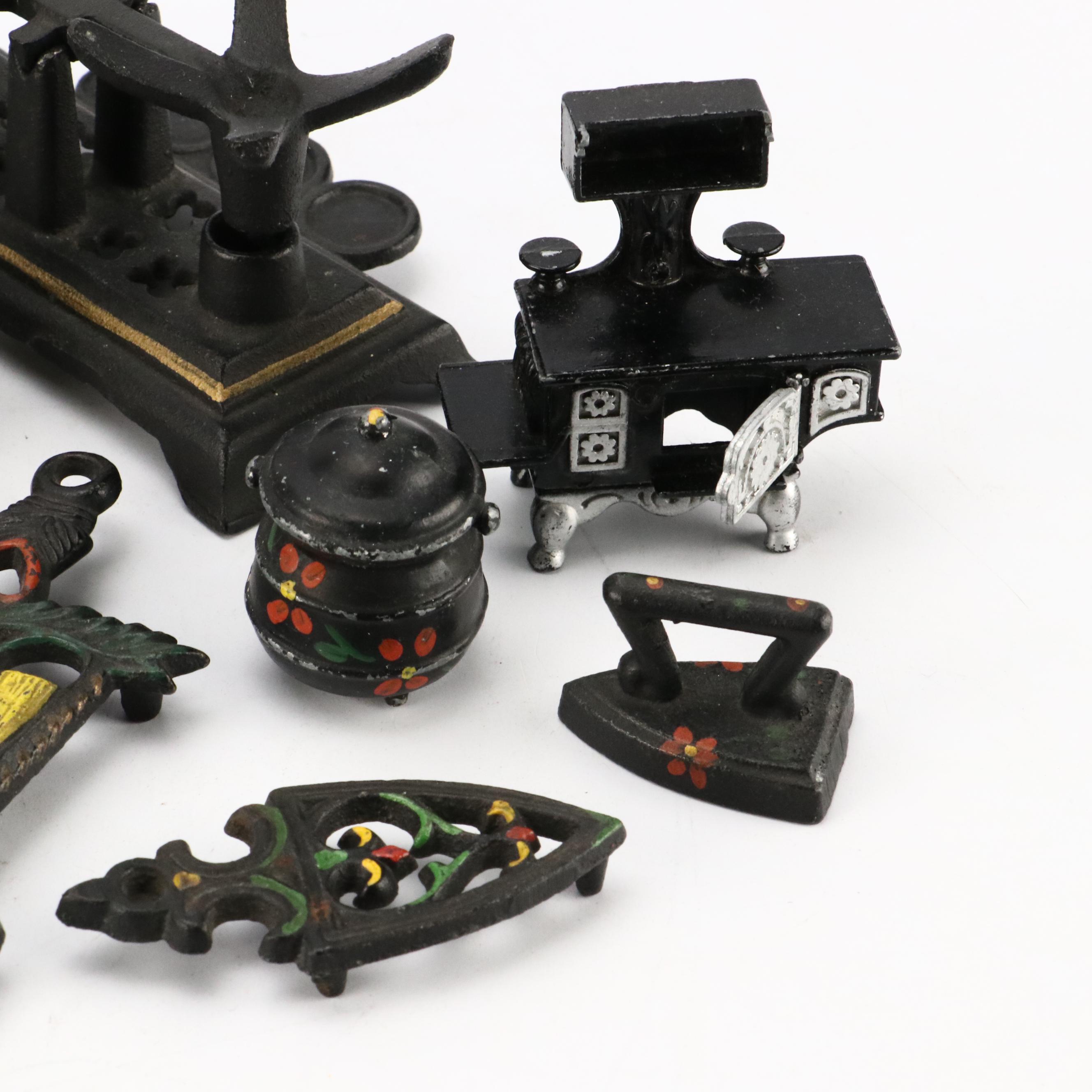 Miniature Cold-Painted Cast Iron Kitchen Appliances with "Ice Man" Ashtray