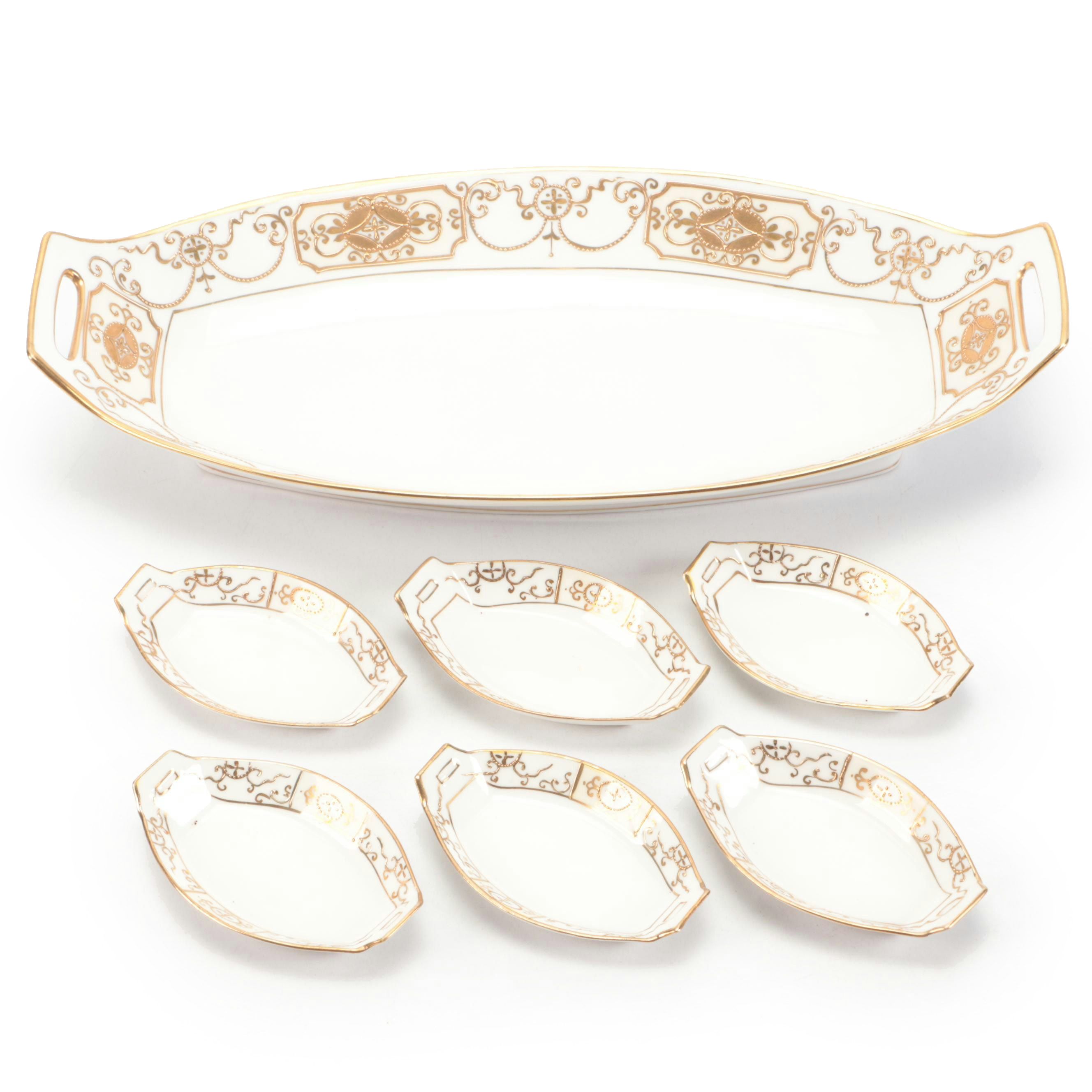 Nippon Porcelain Celery Dish and Salt Dips, Early 20th Century