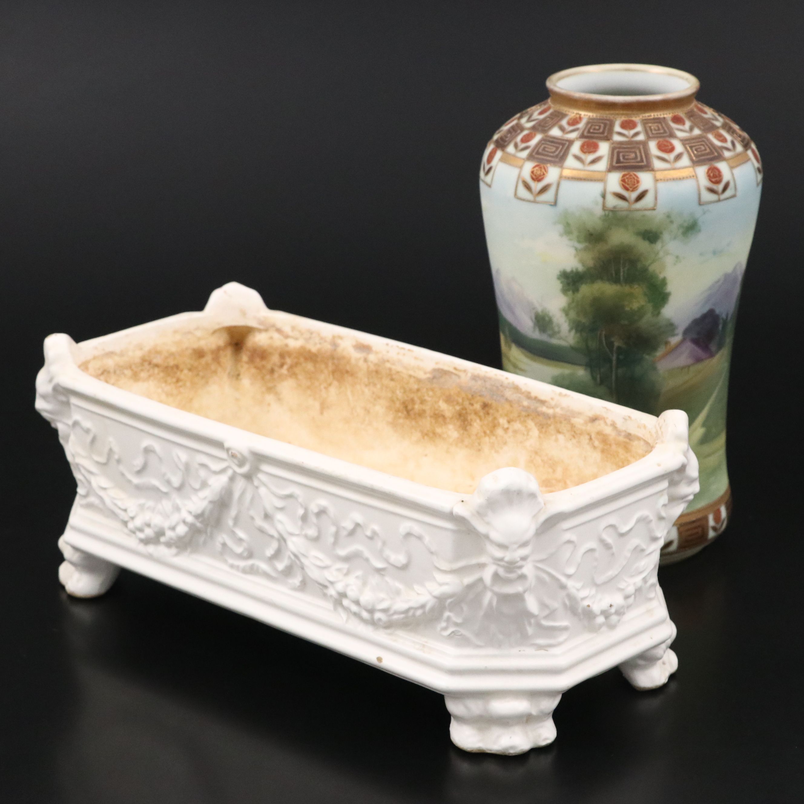 Japanese Morimura Hand-Painted Porcelain Vase & Empire Style Ceramic Planter