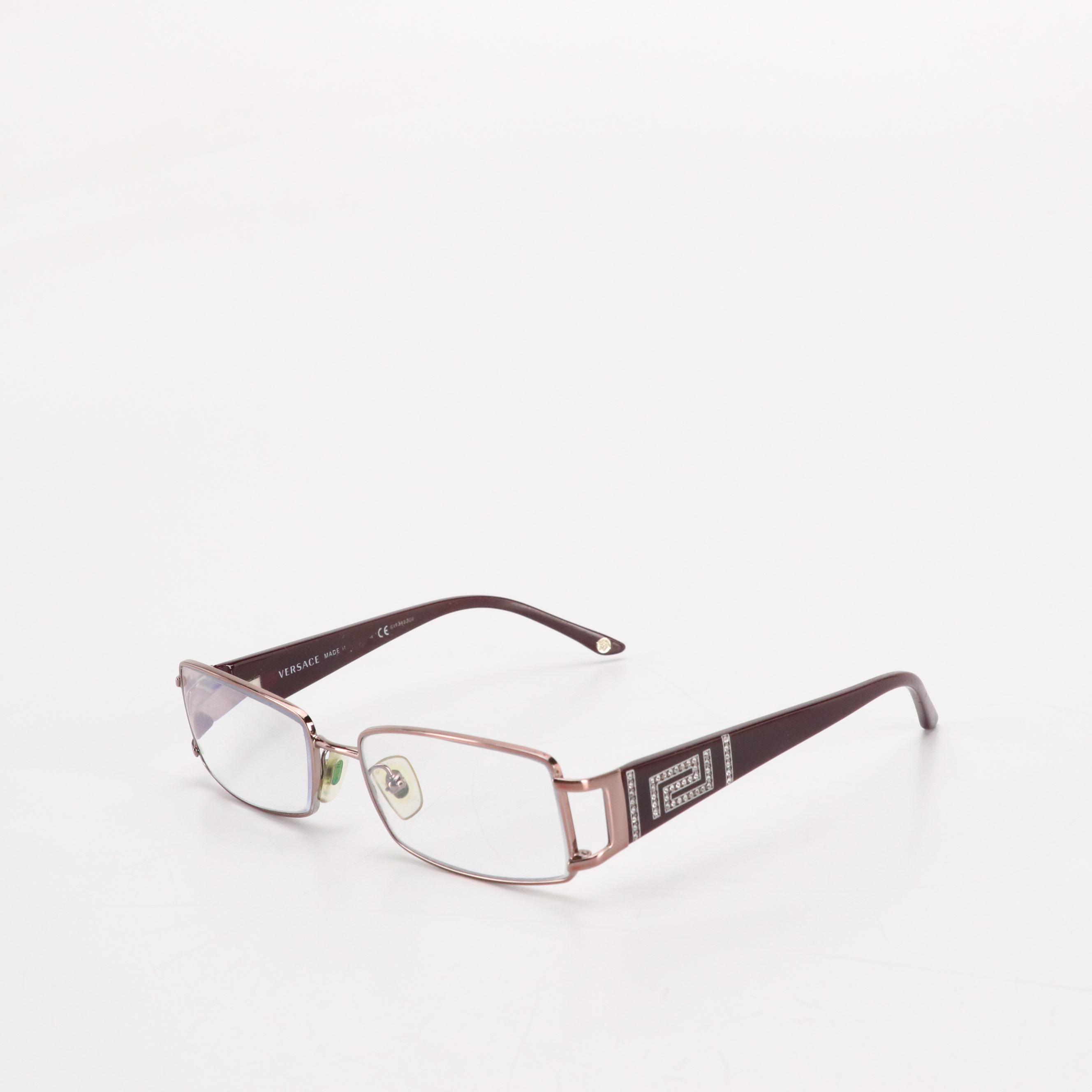 Versace Plum Purple Rectangular Prescription Eyeglasses with Rhinestone Accents