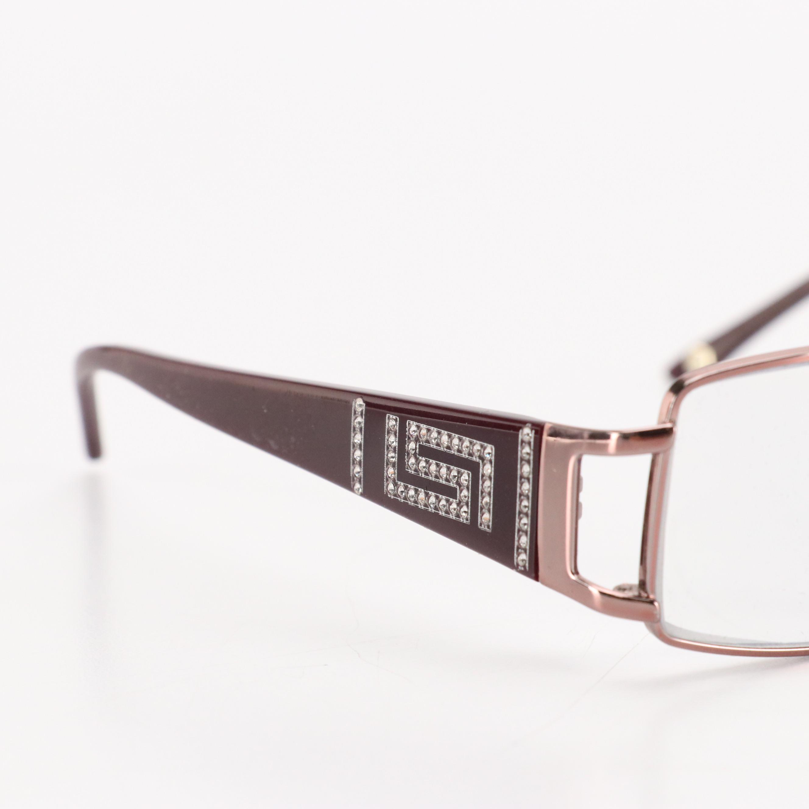 Versace Plum Purple Rectangular Prescription Eyeglasses with Rhinestone Accents