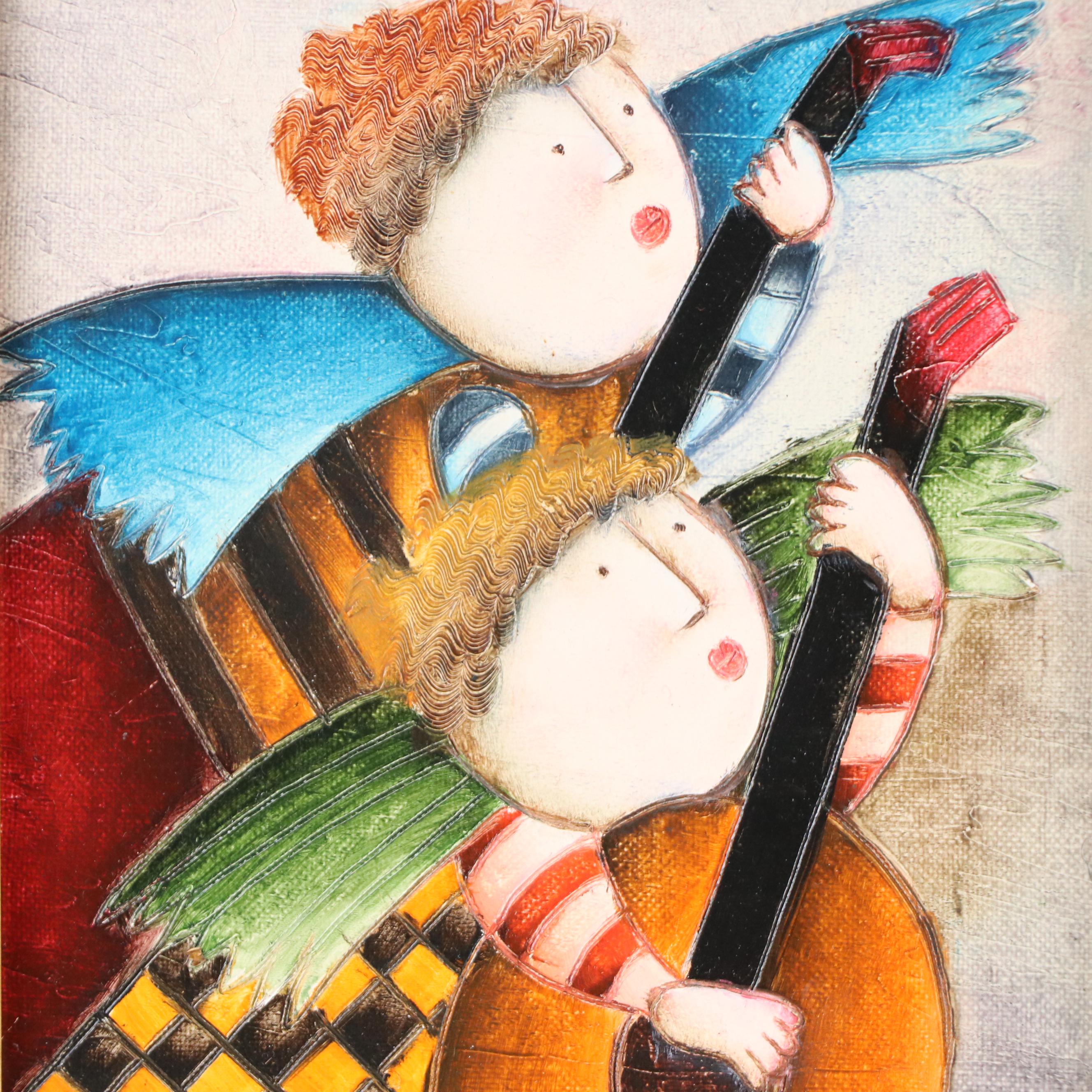 Joyce Roybal Folk Art Style Acrylic Painting of Angel Children With Lutes
