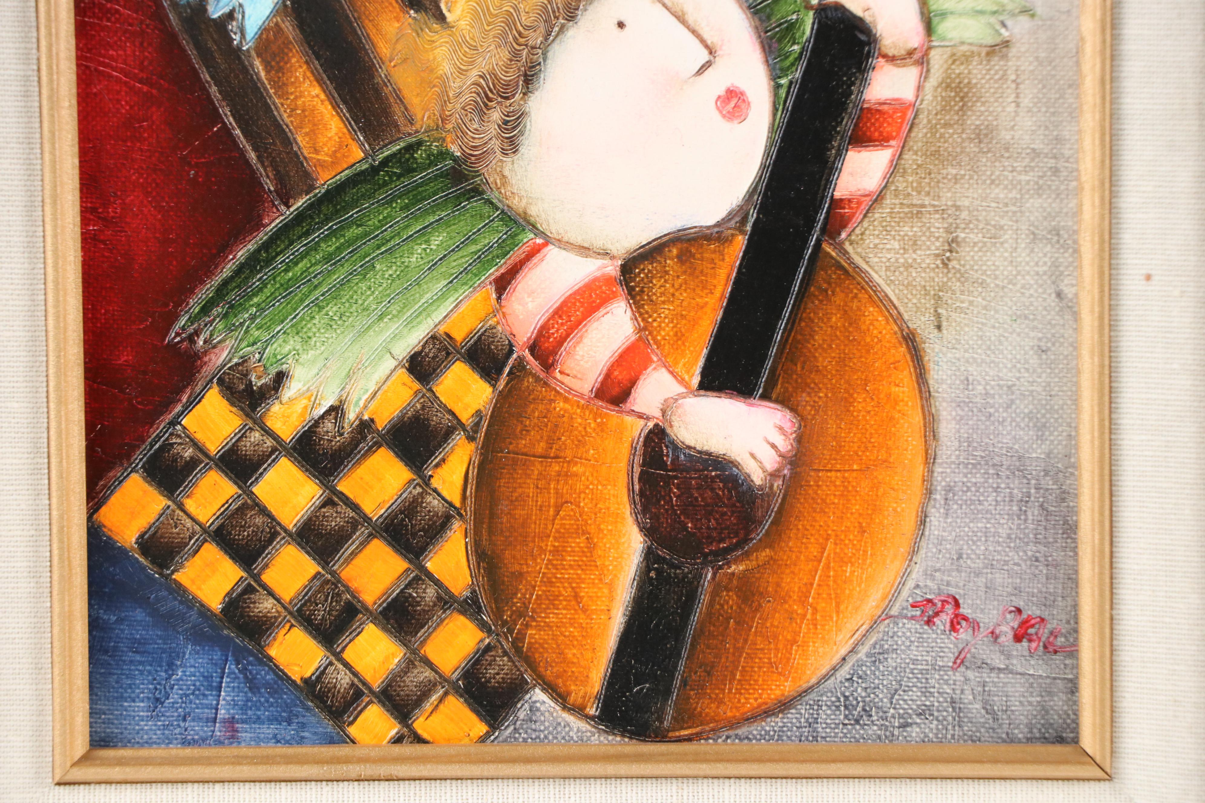 Joyce Roybal Folk Art Style Acrylic Painting of Angel Children With Lutes