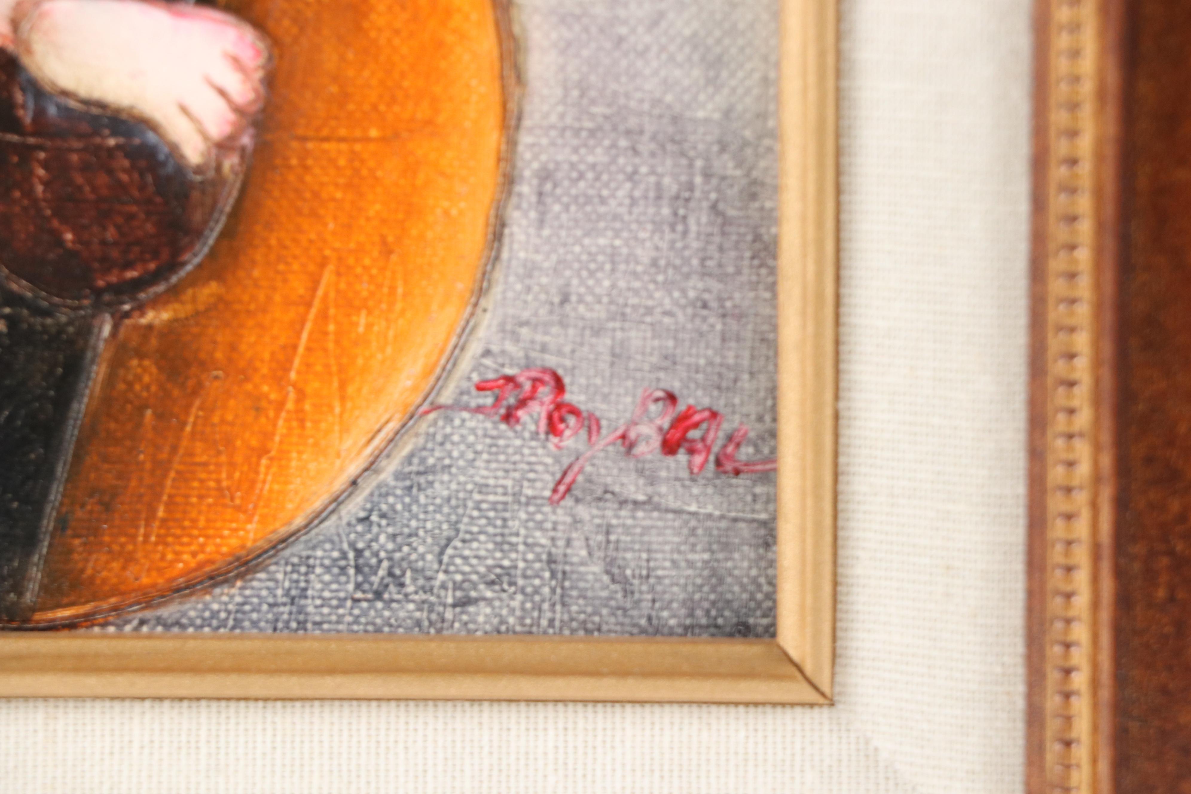 Joyce Roybal Folk Art Style Acrylic Painting of Angel Children With Lutes