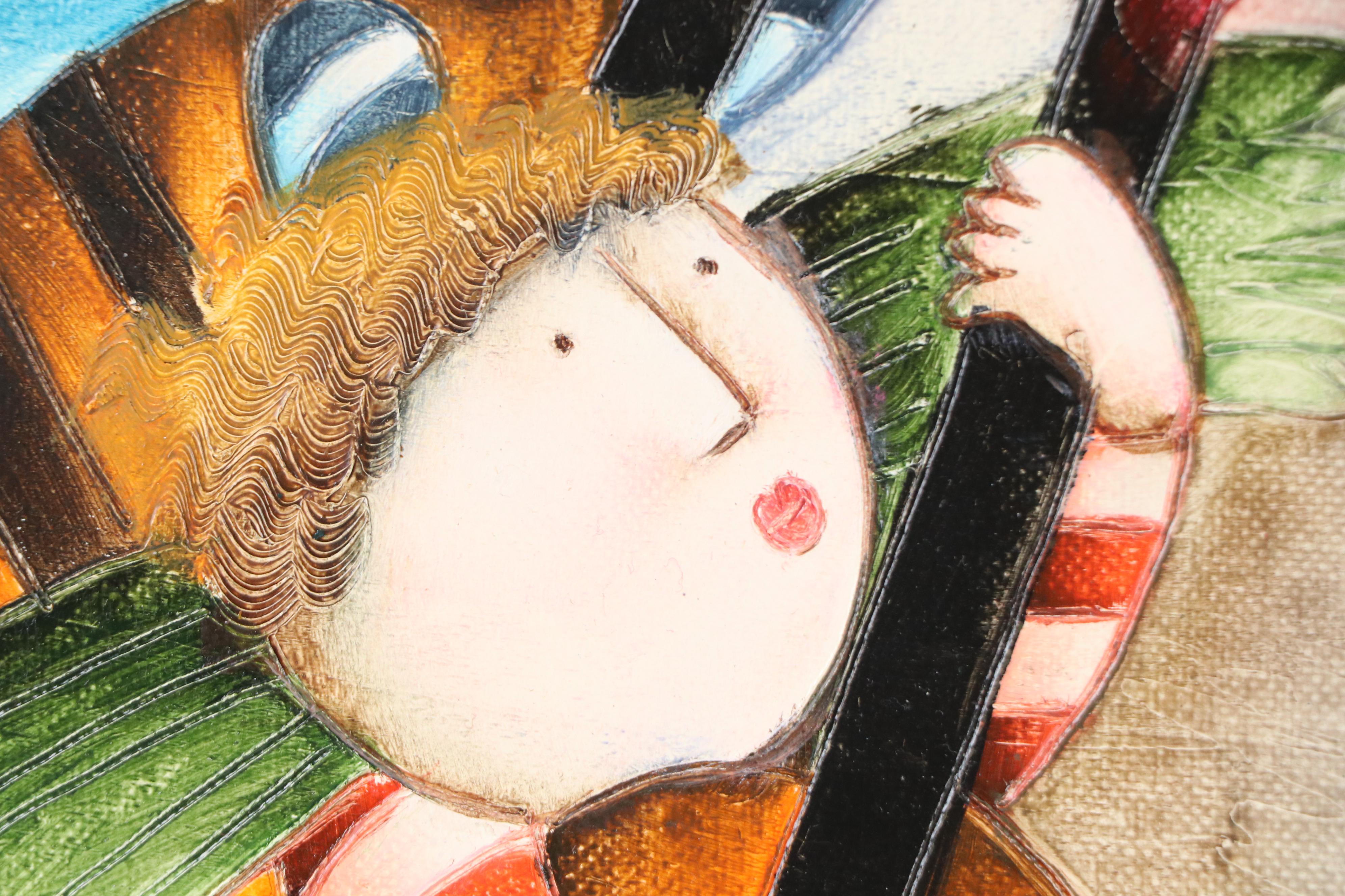 Joyce Roybal Folk Art Style Acrylic Painting of Angel Children With Lutes