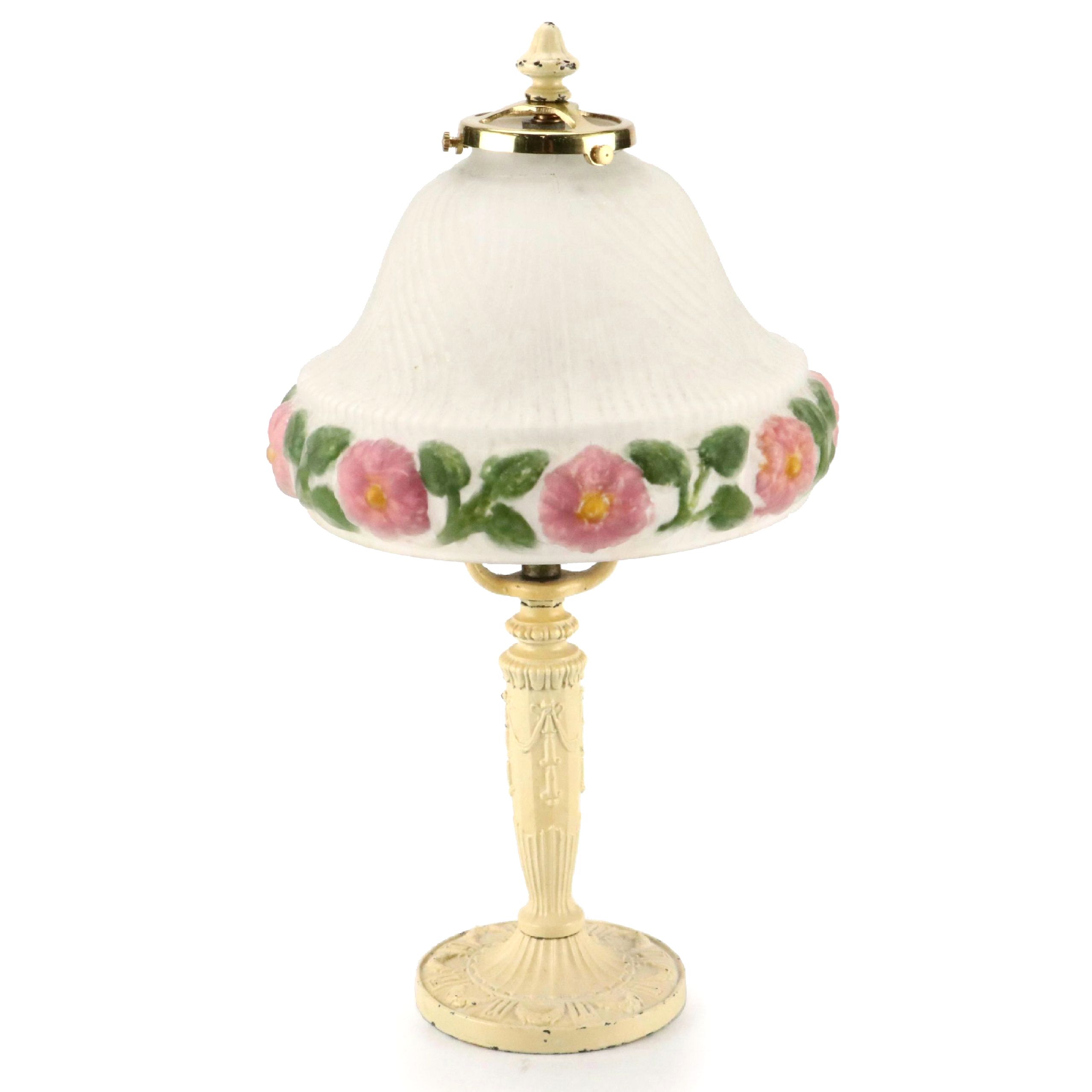 Cream Enameled Metal Table Lamp with Reverse Painted Puffy Glass Shade, Vintage