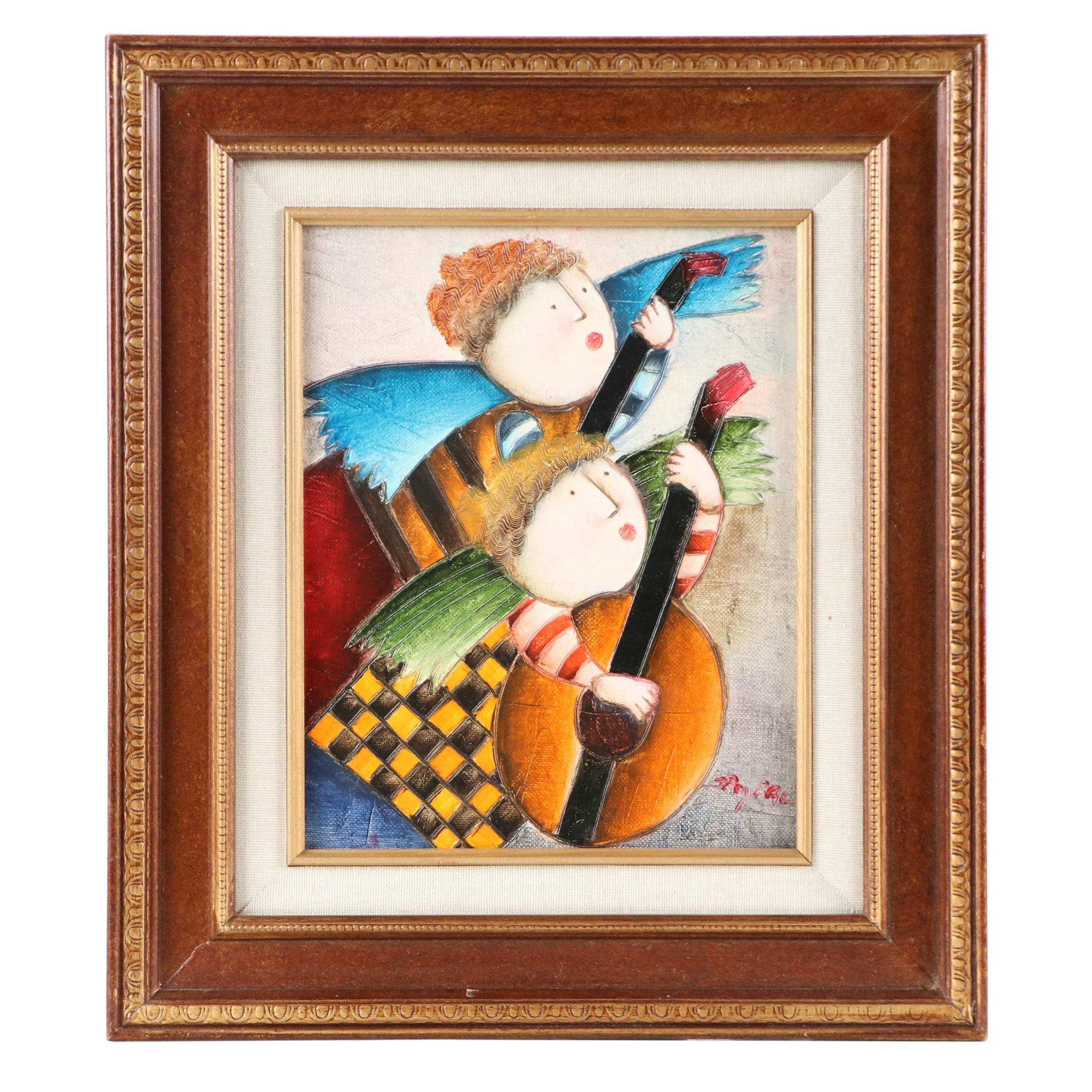 Joyce Roybal Folk Art Style Acrylic Painting of Angel Children With Lutes