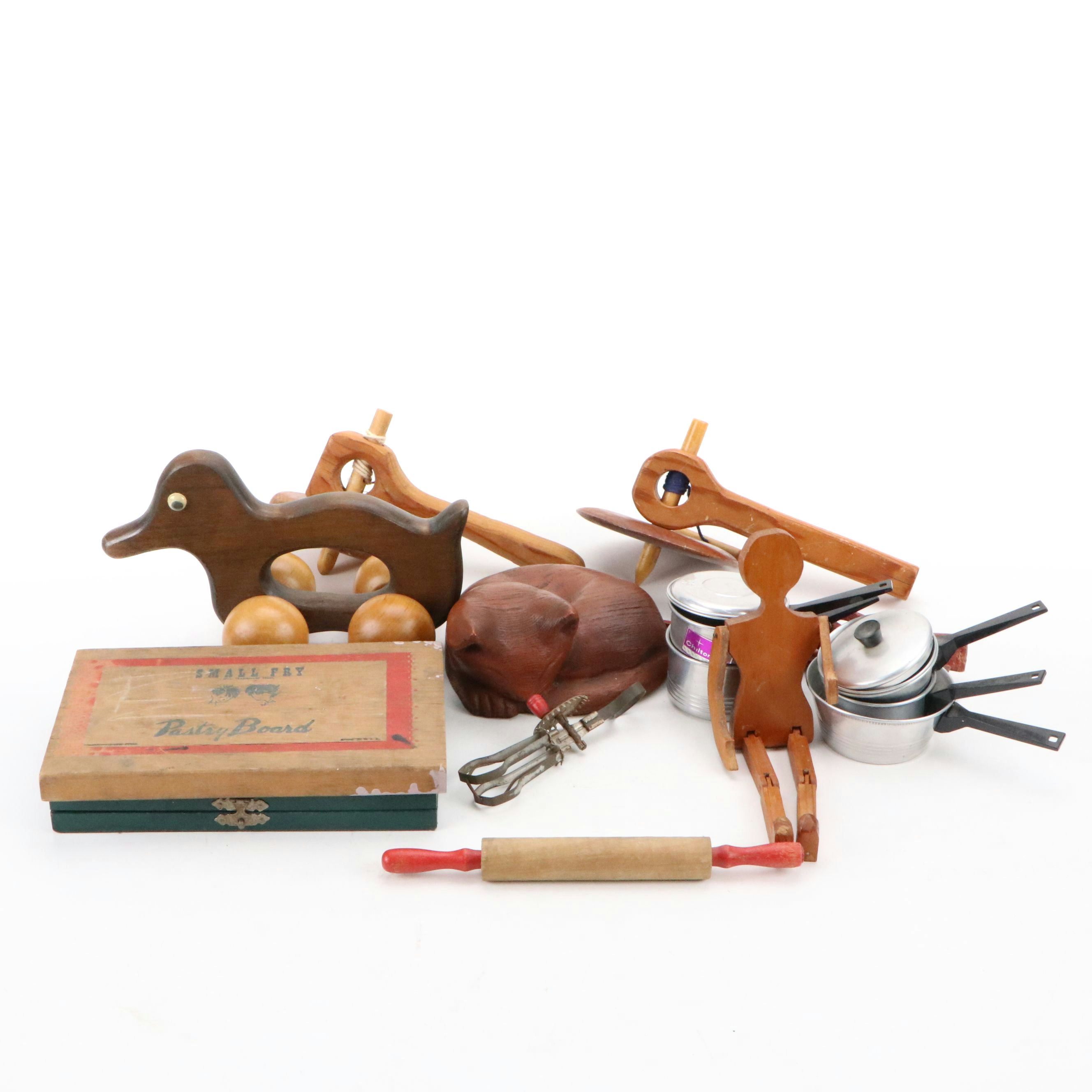 Wooden Toys with Children's Miniature Solingen Flatware and Other Kitchen Tools