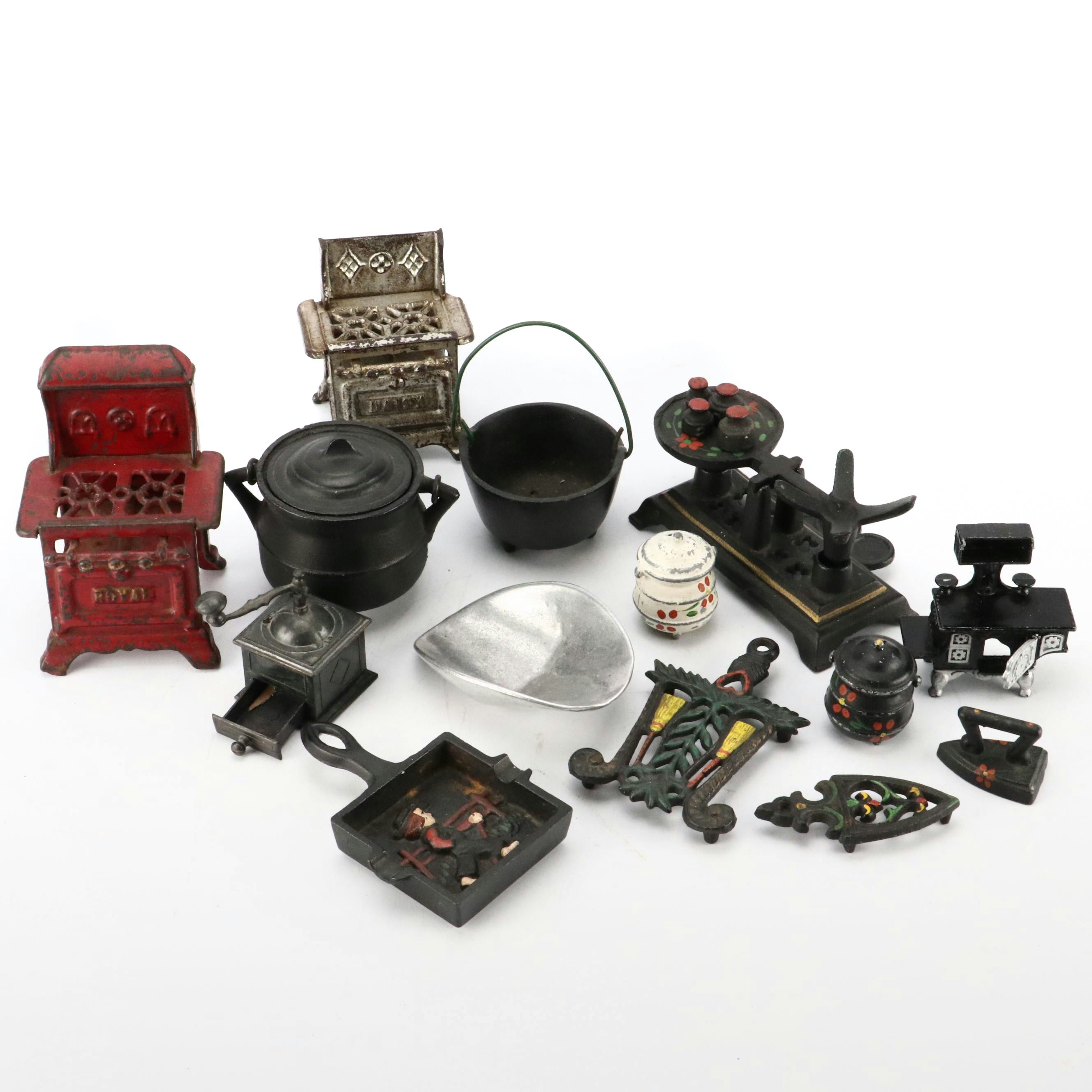 Miniature Cold-Painted Cast Iron Kitchen Appliances with "Ice Man" Ashtray