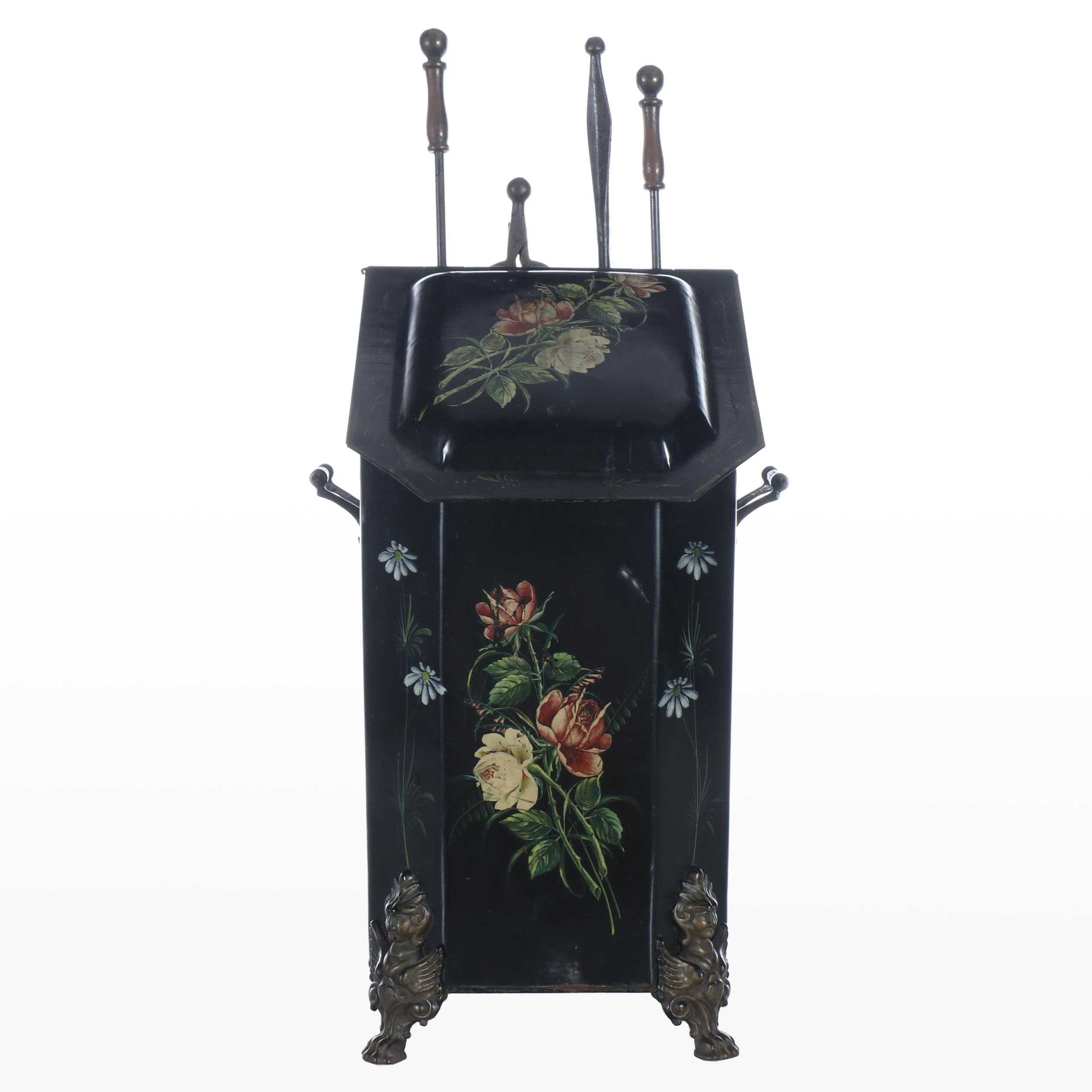 Painted Metal Coal Hod with Fireplace Tool Set, Early to Mid-20th Century