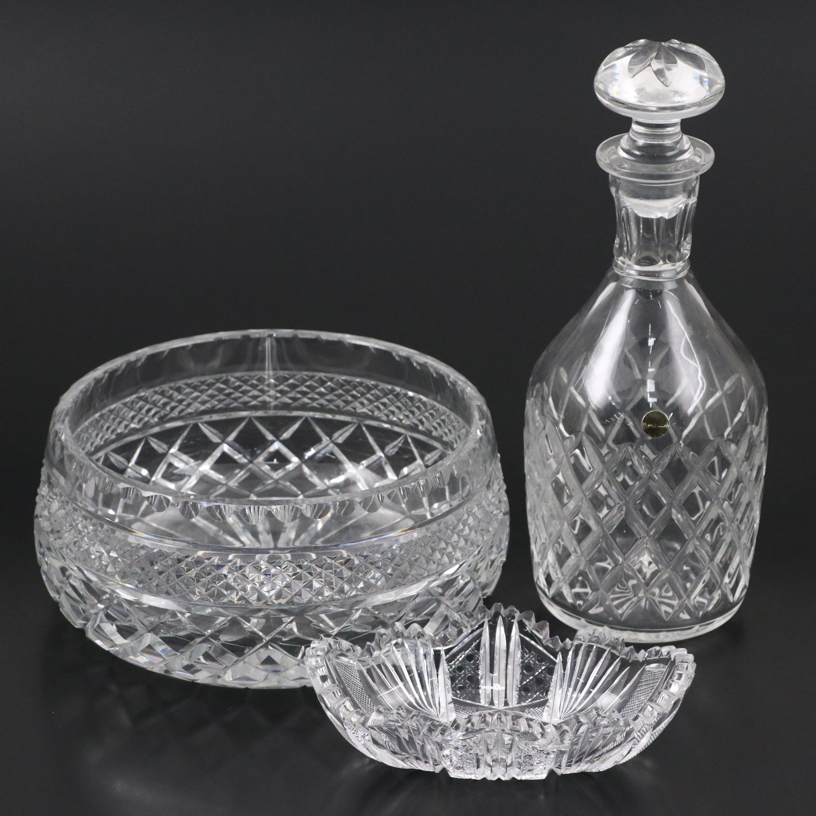Russian Crystal Decanter, American Brilliant Cut Crystal Dish, and Crystal Bowl