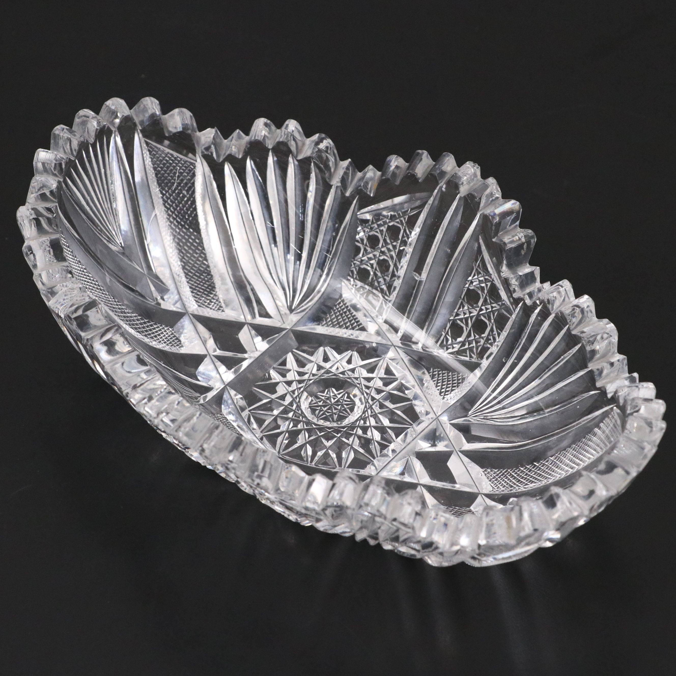 Russian Crystal Decanter, American Brilliant Cut Crystal Dish, and Crystal Bowl