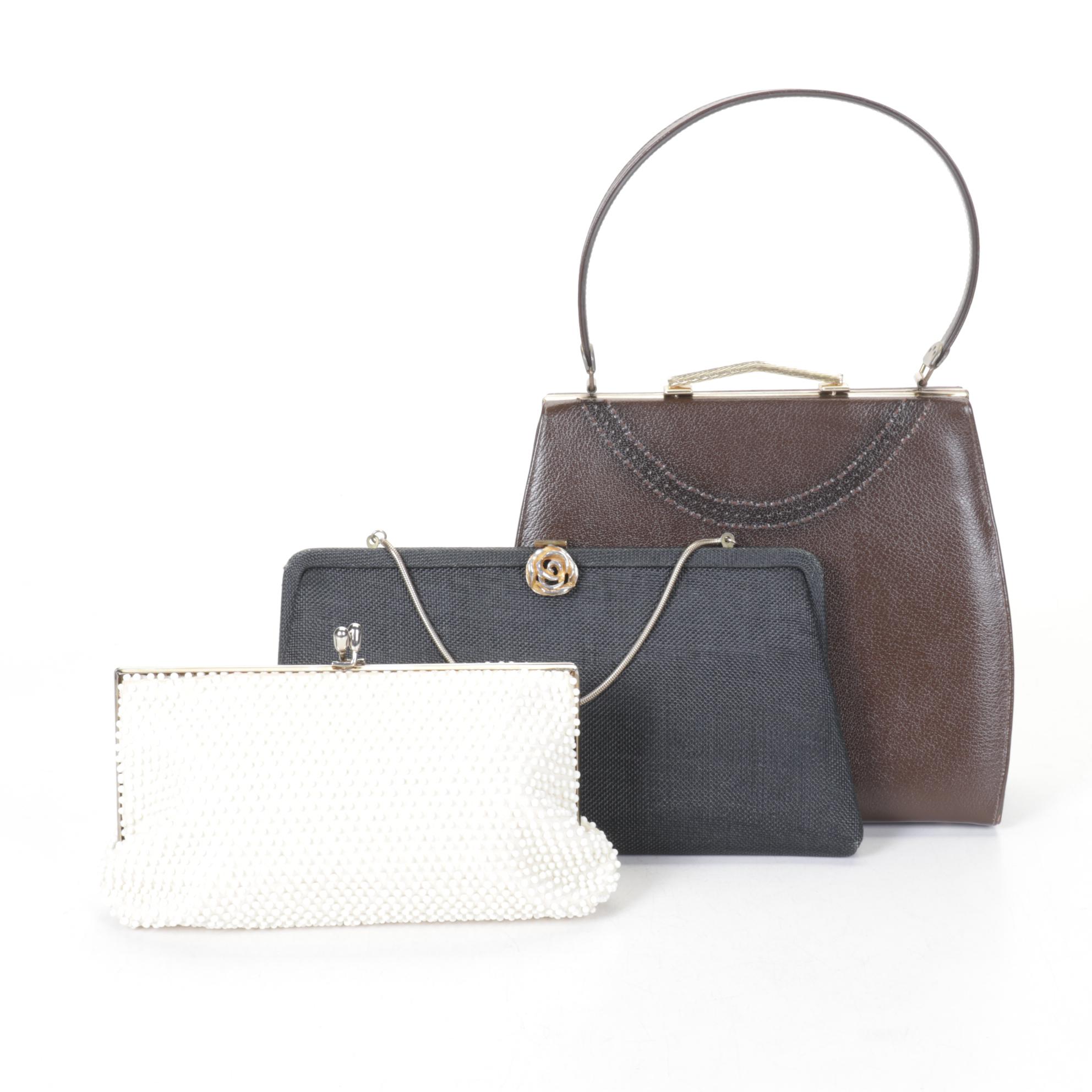 Ivory Beaded Clutch with Life Stride Brown Leather Satchel and Evening Purse