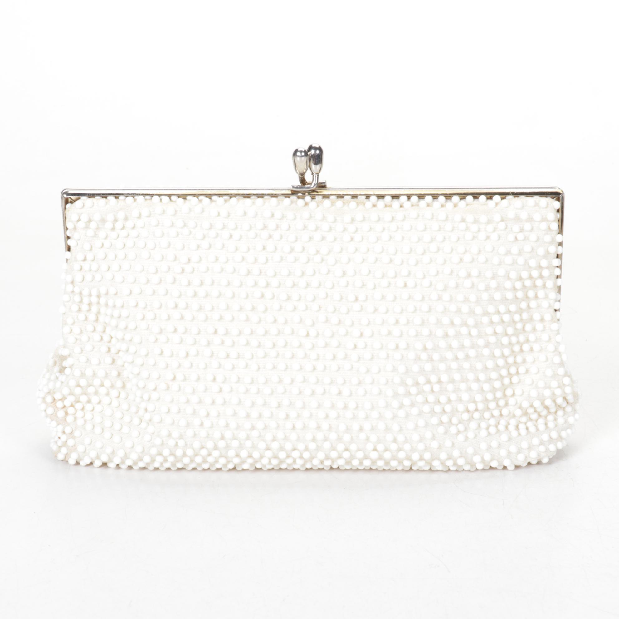 Ivory Beaded Clutch with Life Stride Brown Leather Satchel and Evening Purse