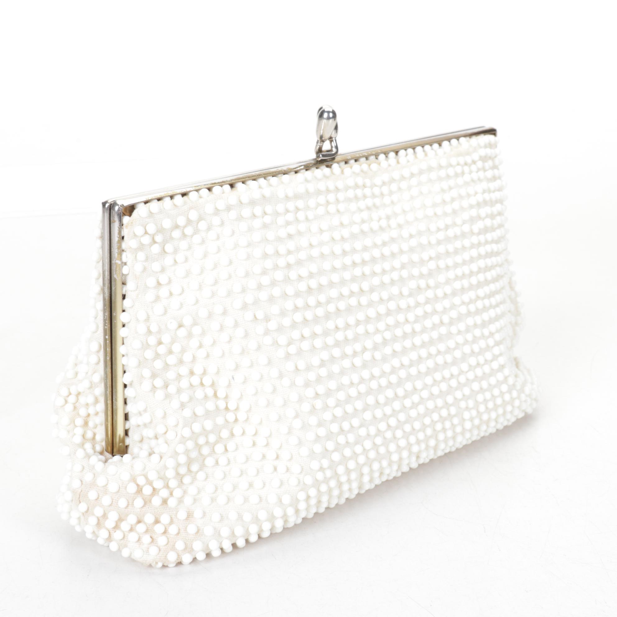 Ivory Beaded Clutch with Life Stride Brown Leather Satchel and Evening Purse