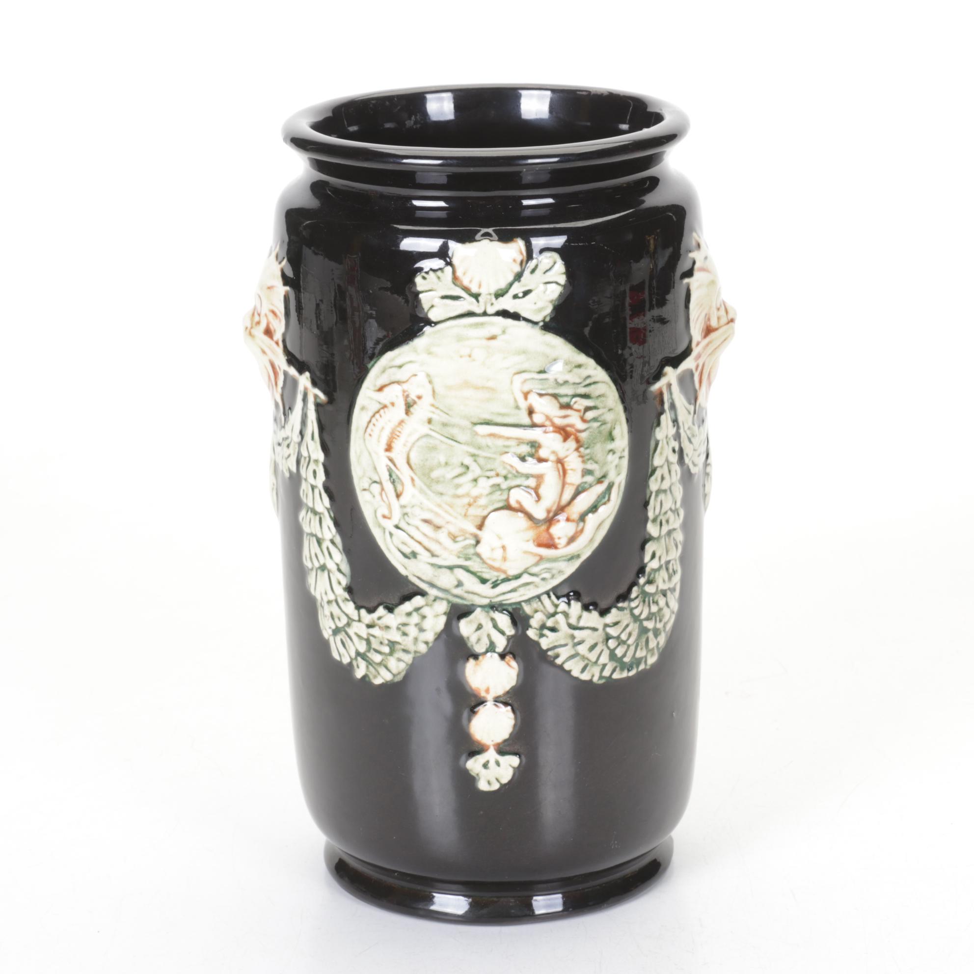 Weller Pottery Black Glazed Vase With Rococo Theme, Mid-20th Century