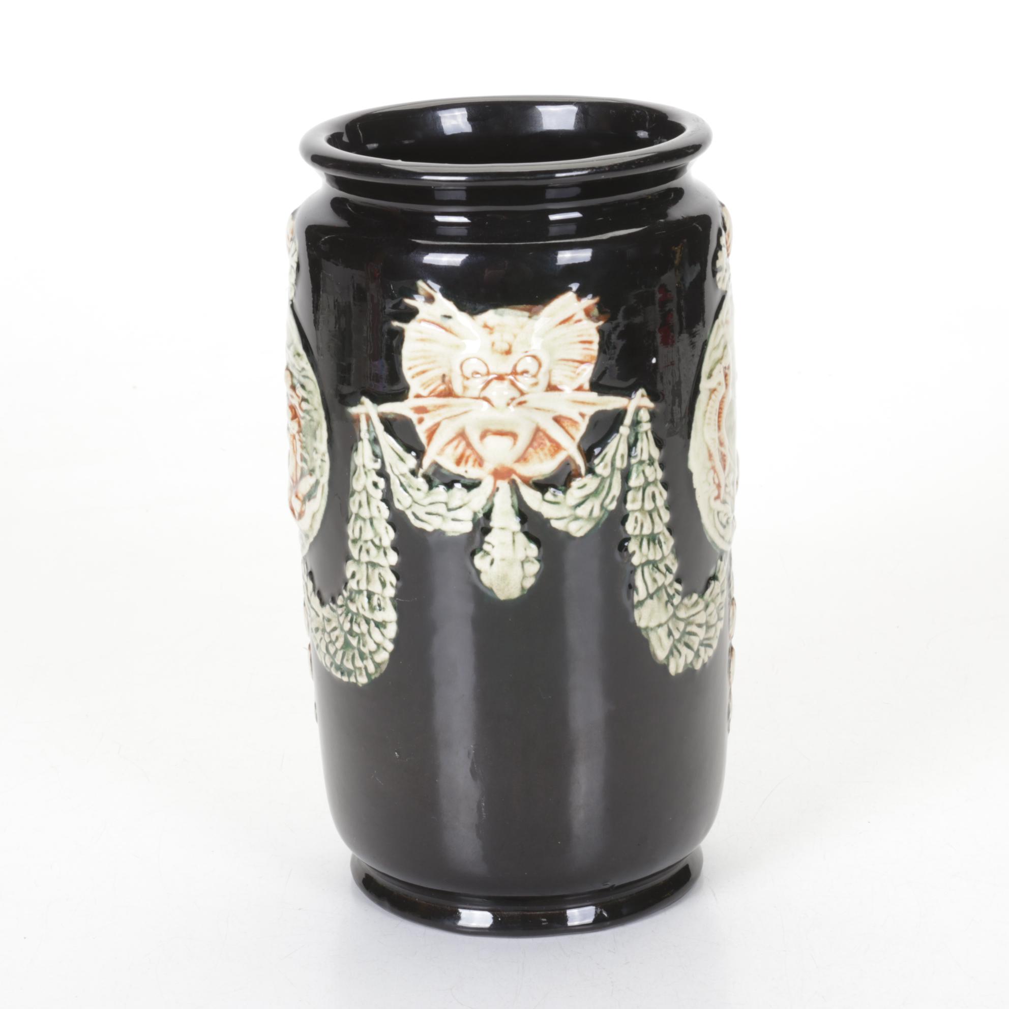 Weller Pottery Black Glazed Vase With Rococo Theme, Mid-20th Century