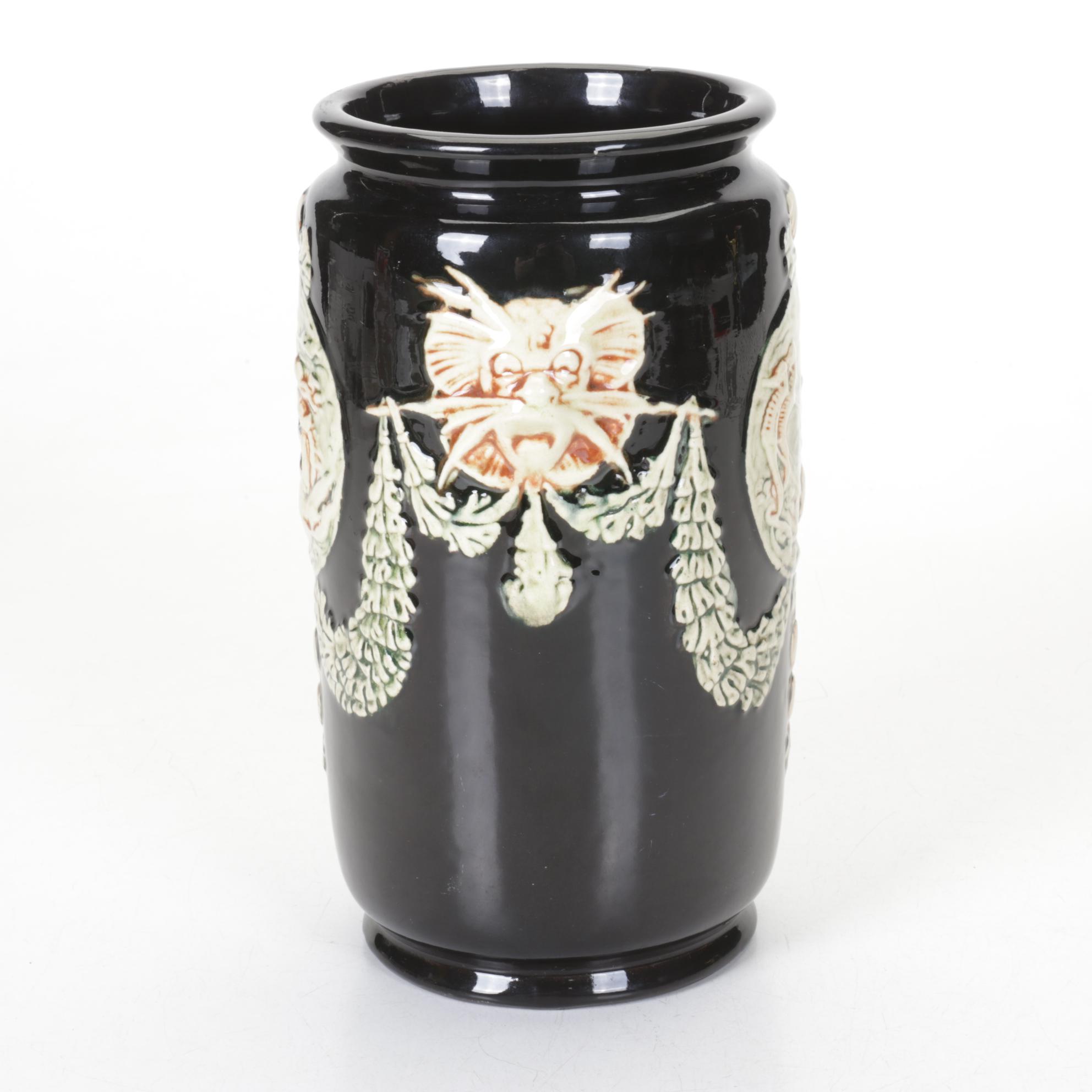 Weller Pottery Black Glazed Vase With Rococo Theme, Mid-20th Century