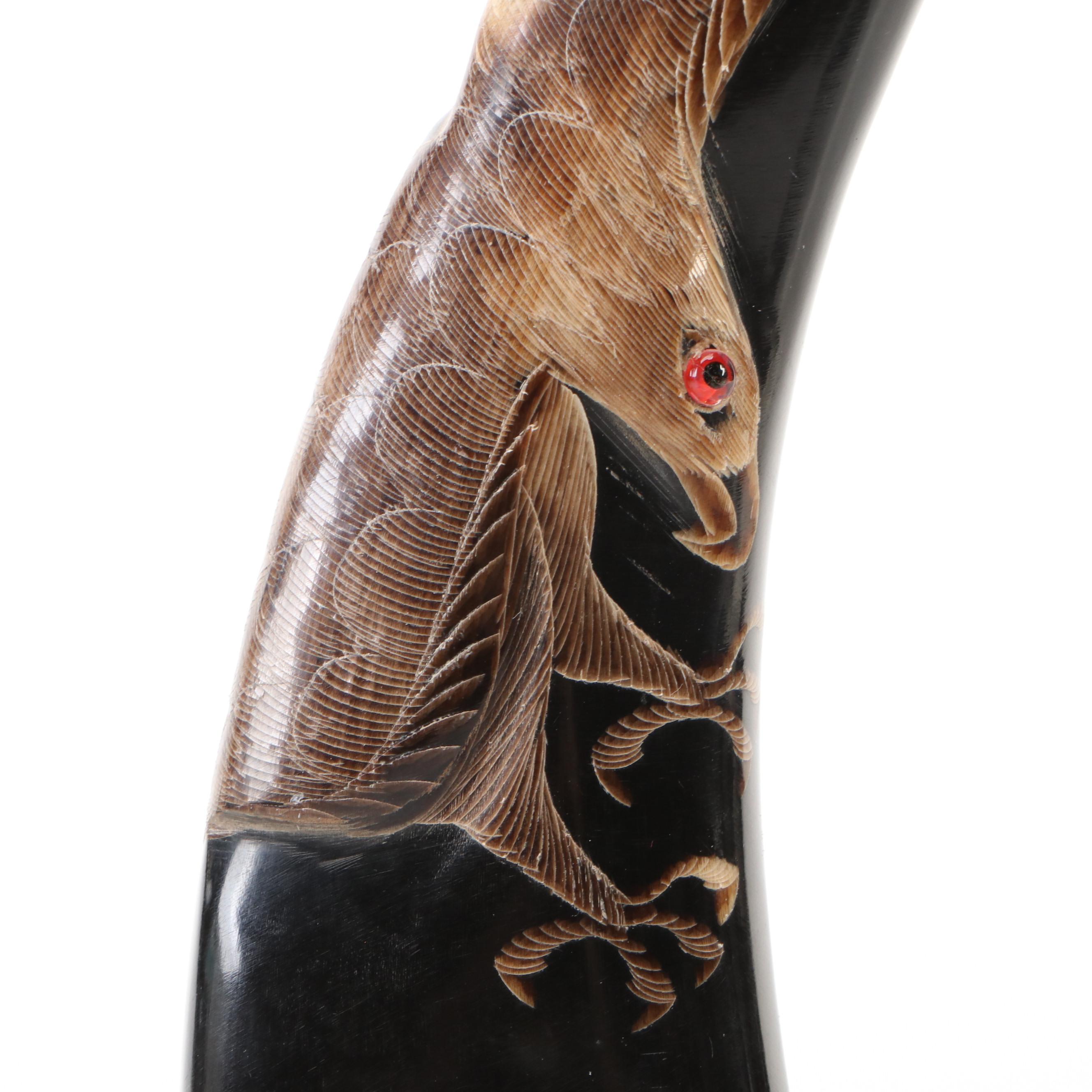 Indian Hand-Carved Buffalo Horn Swooping Eagle with Red Glass Eye
