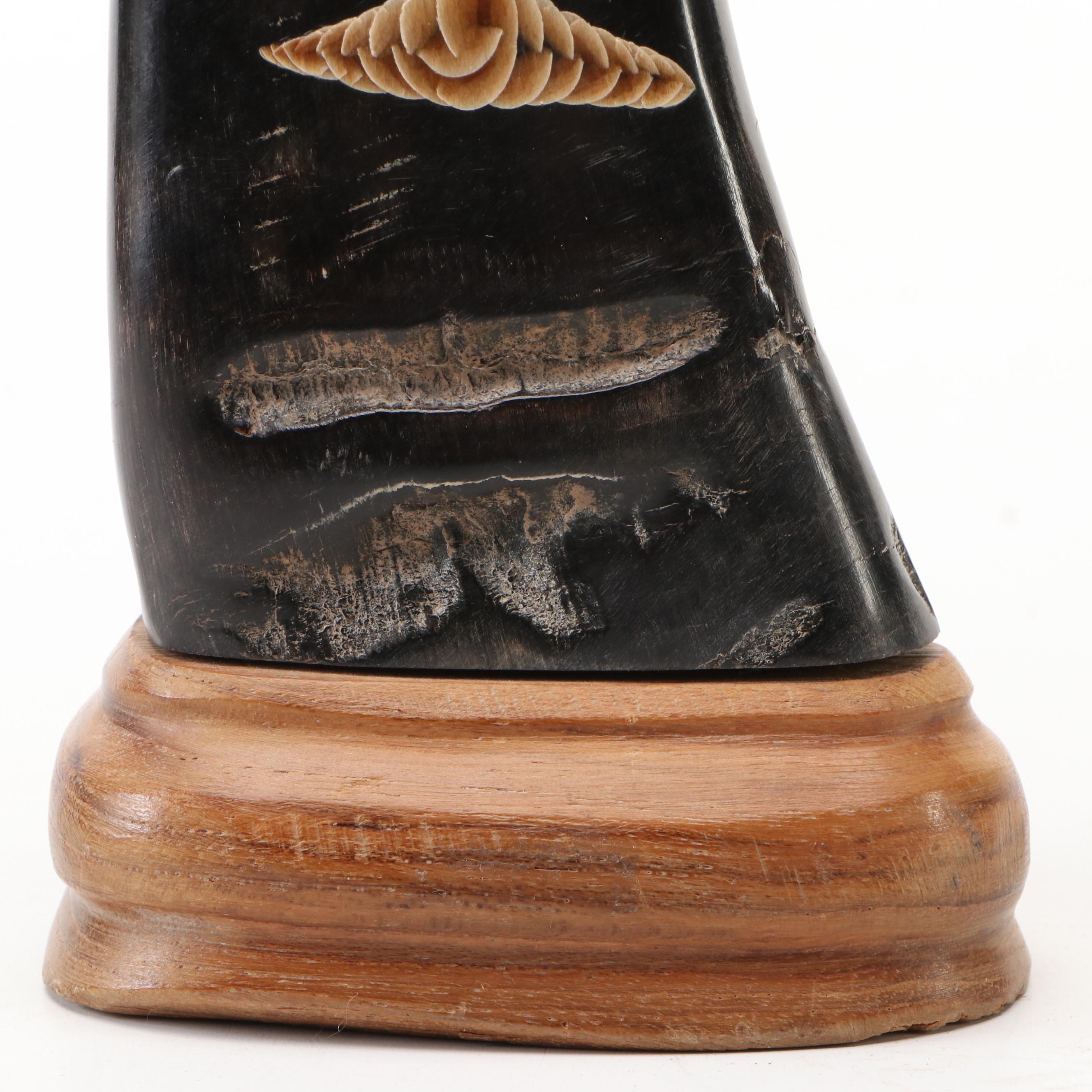 Indian Hand-Carved Buffalo Horn Swooping Eagle with Red Glass Eye