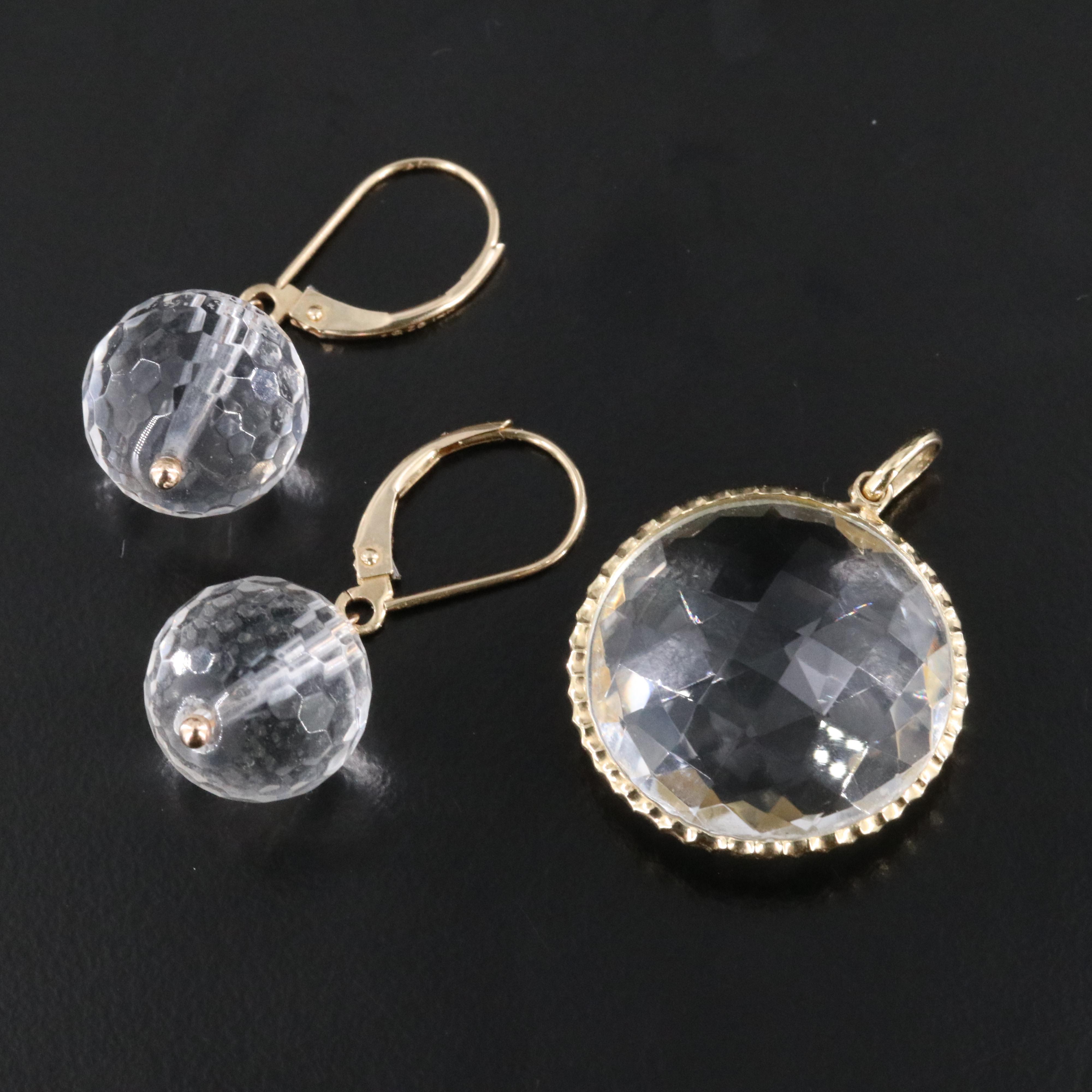 14K Rock Crystal Quartz Earrings and Pendant